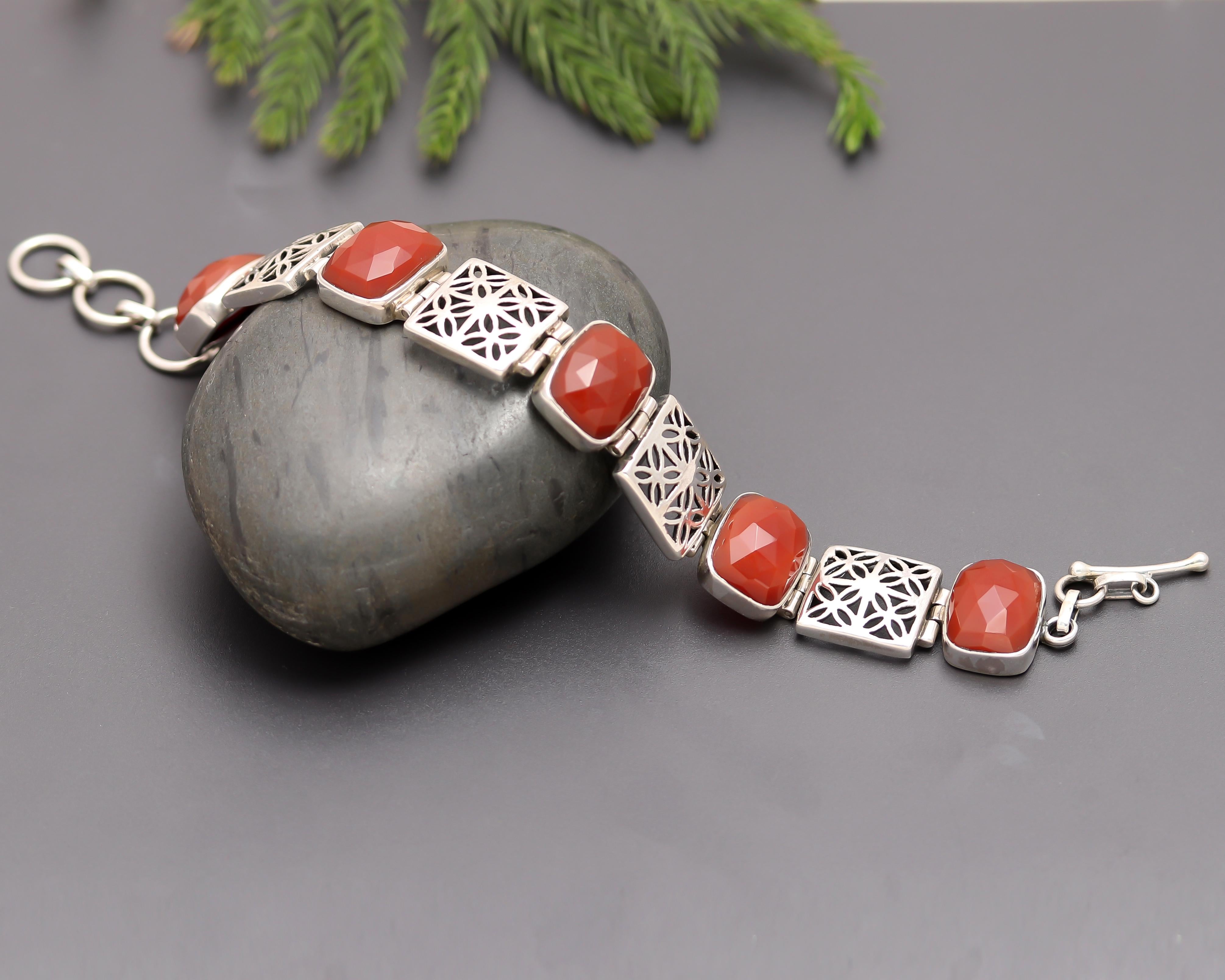 925 Sterling Silver Red Carnelian Link Bracelet