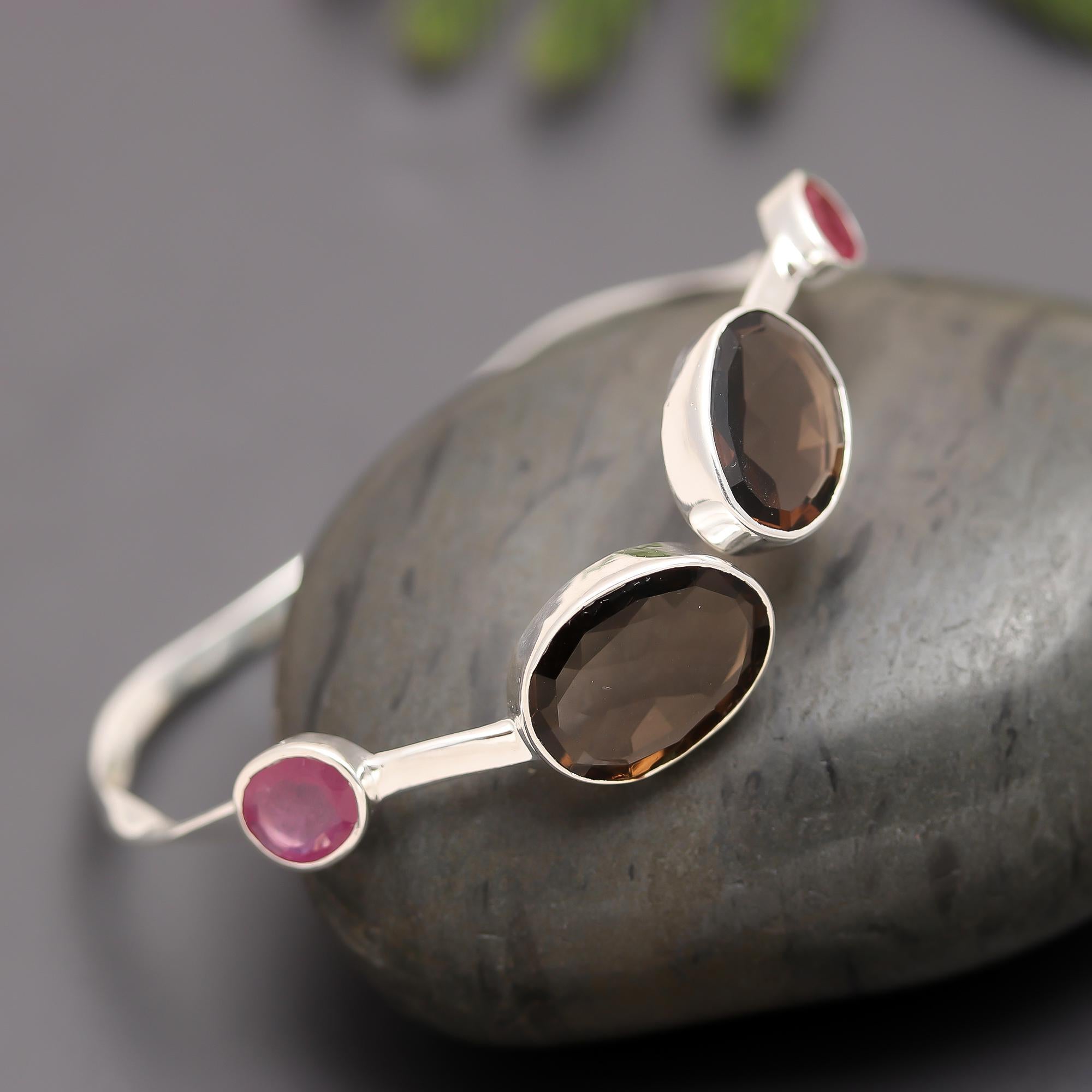 925 Silver Smoky Quartz & Ruby Cuff Bracelet