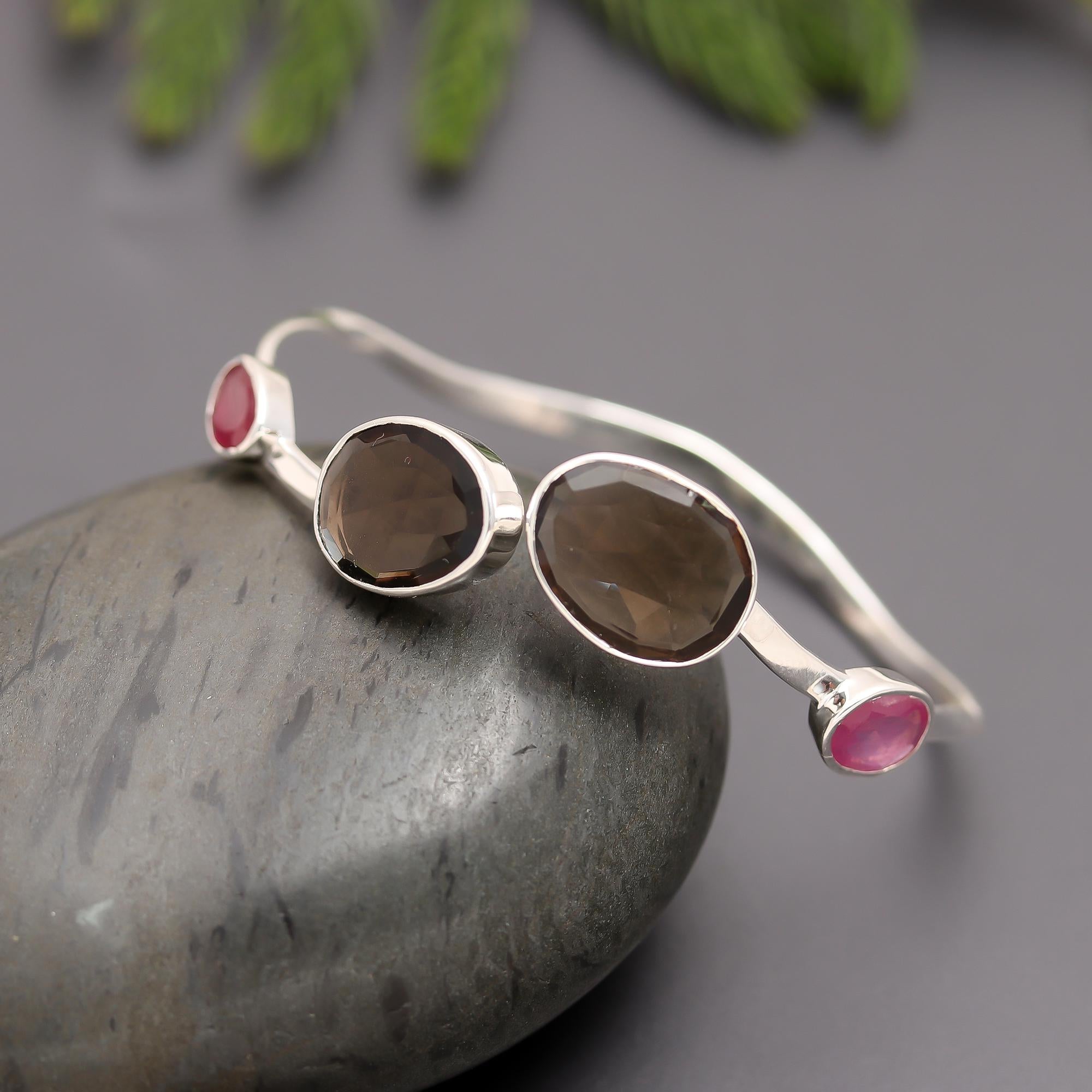 925 Silver Smoky Quartz & Ruby Cuff Bracelet