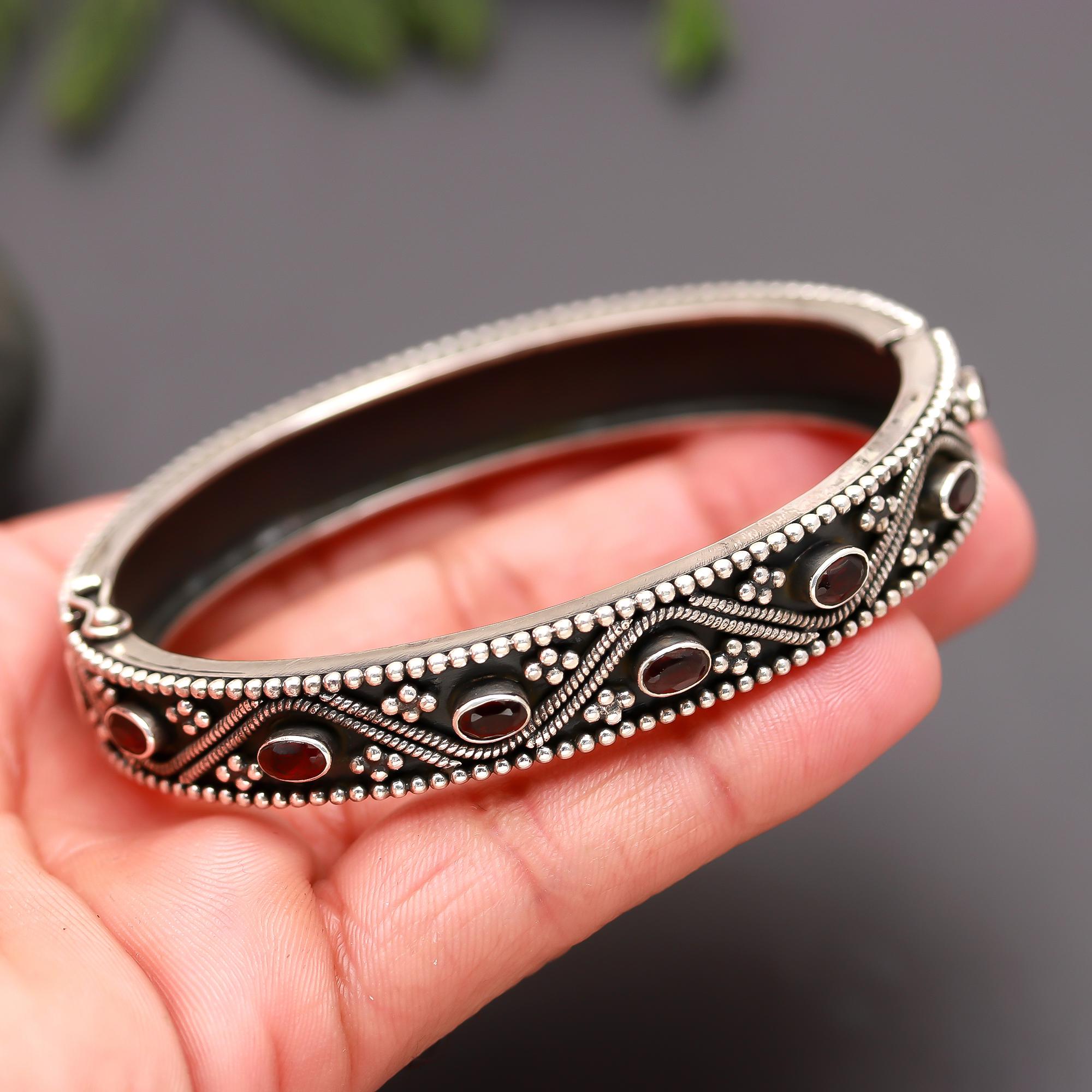 925 Silver Garnet Bangle Bracelet