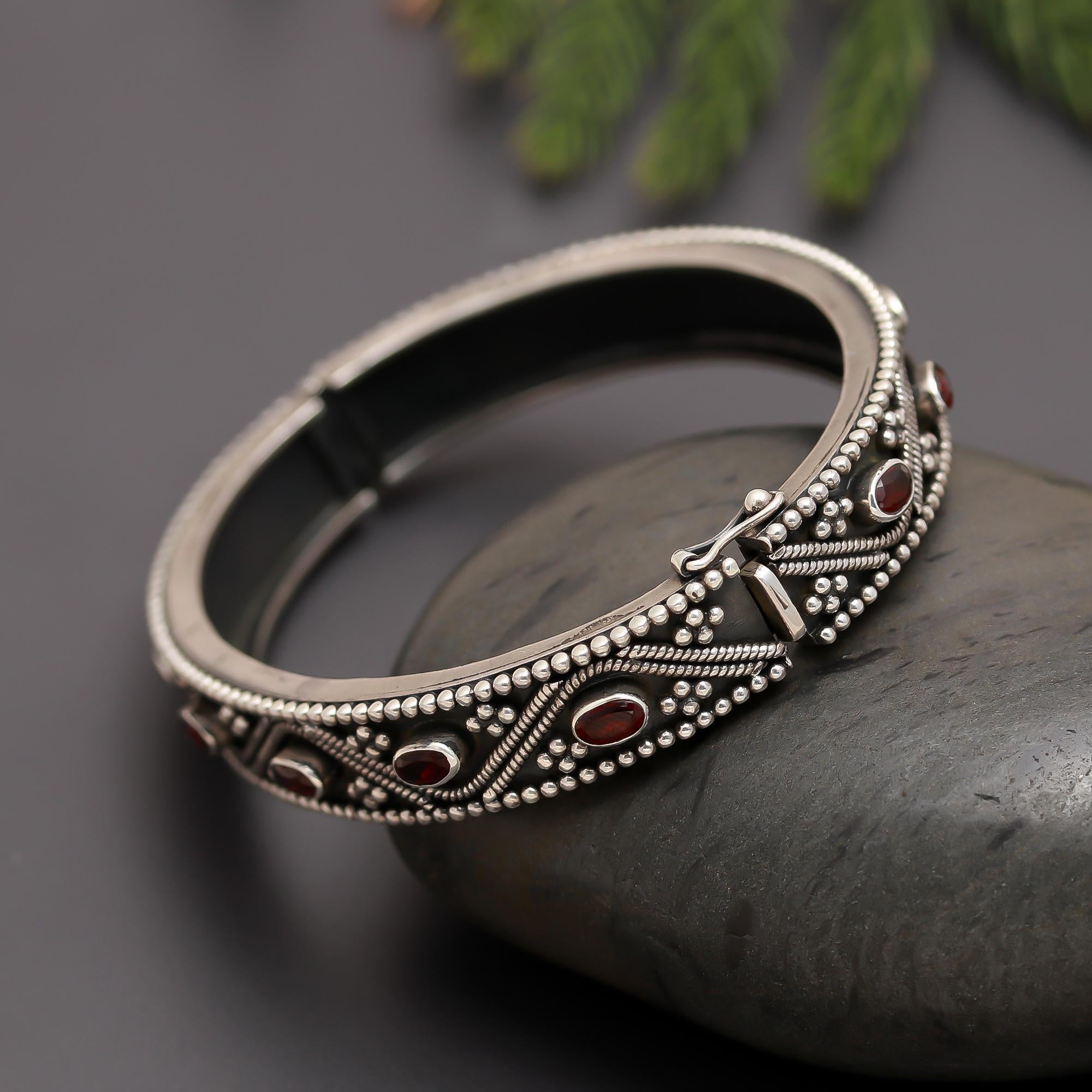 925 Silver Garnet Bangle Bracelet