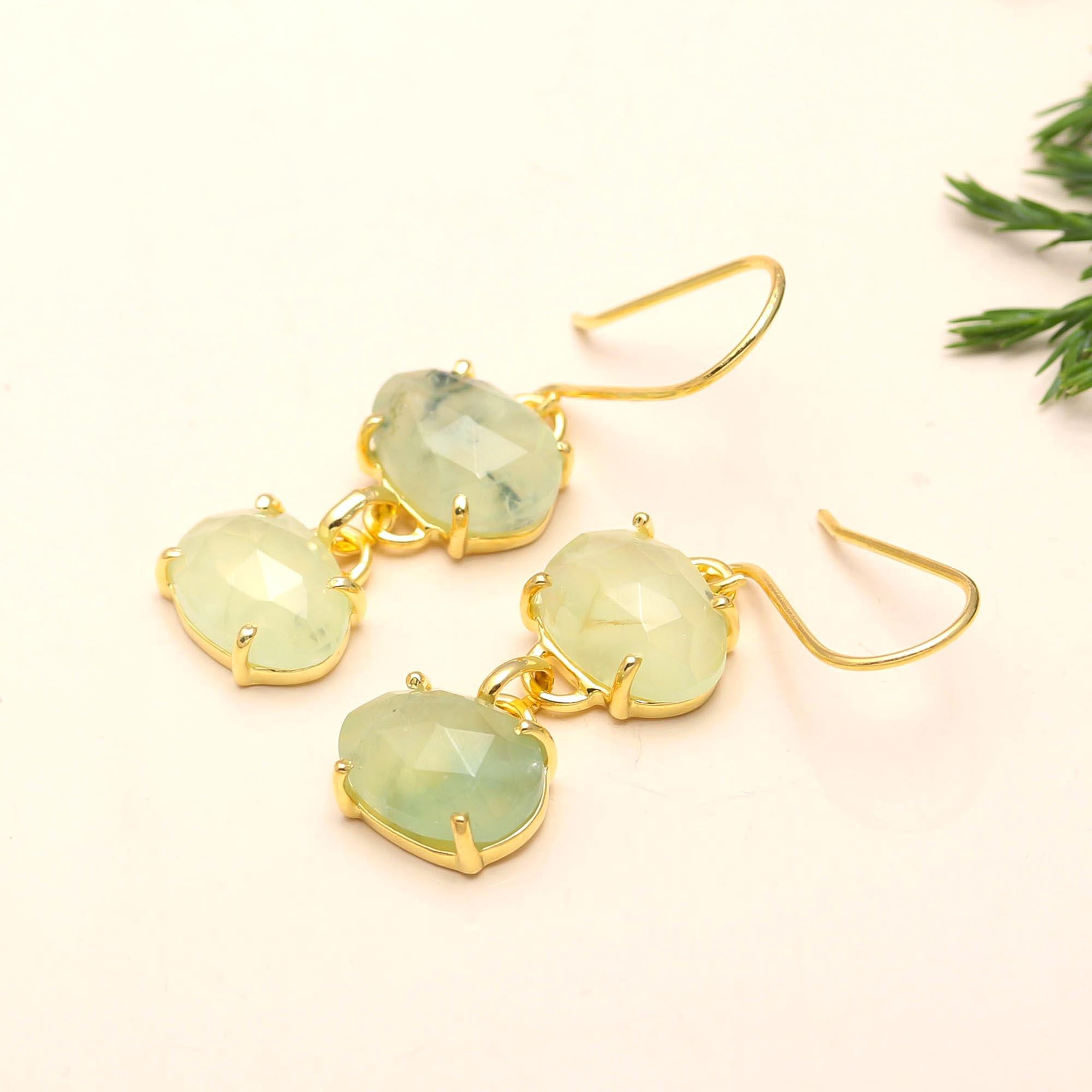 The Mint Cascade: Green Prehnite Triple Drop Earrings