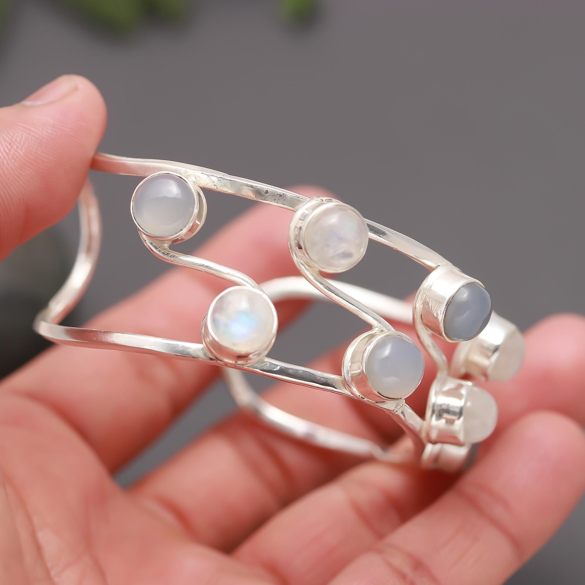925 Silver Moonstone & Grey Chalcedony Cuff Bracelets