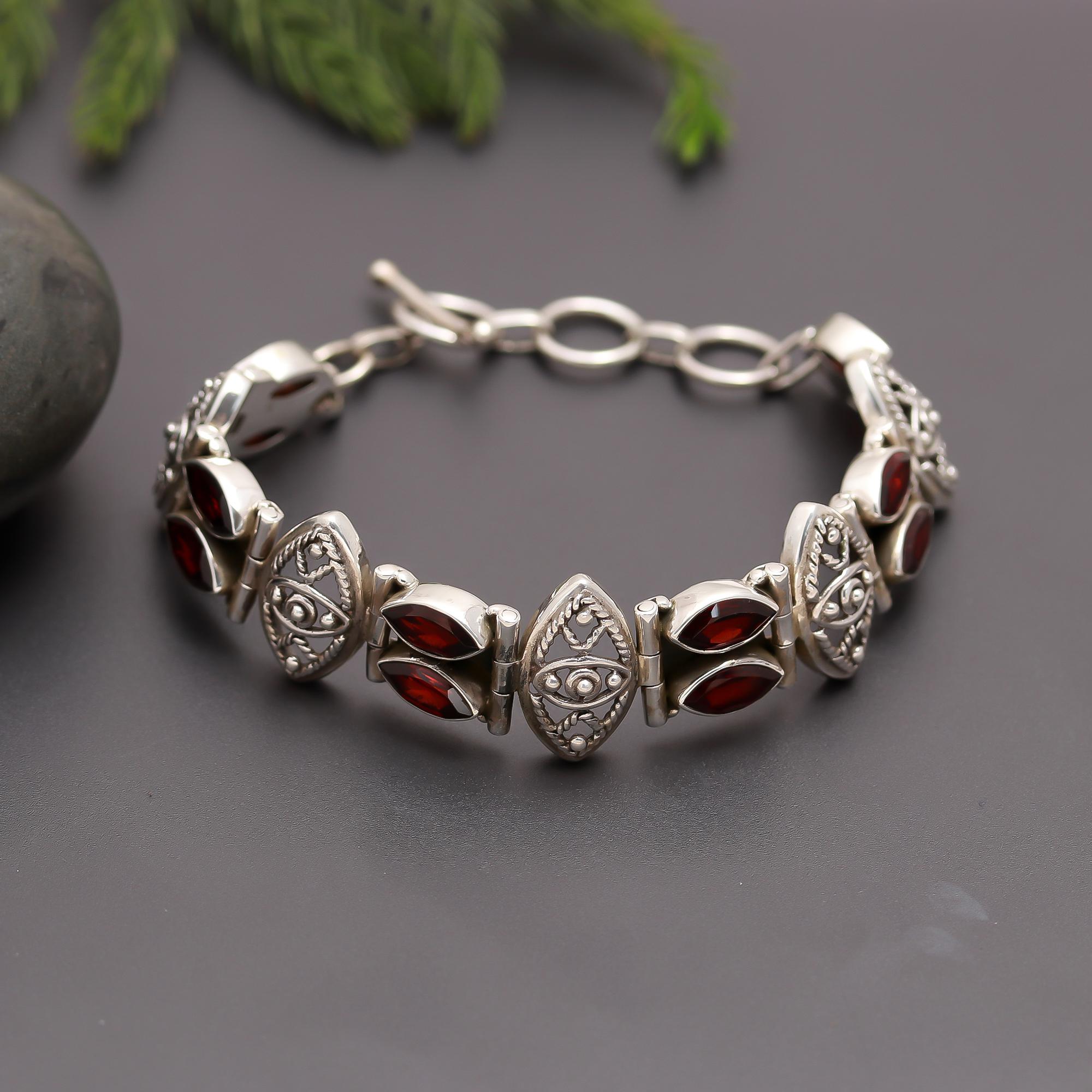 925 Silver Marquise Garnet Link Bracelet