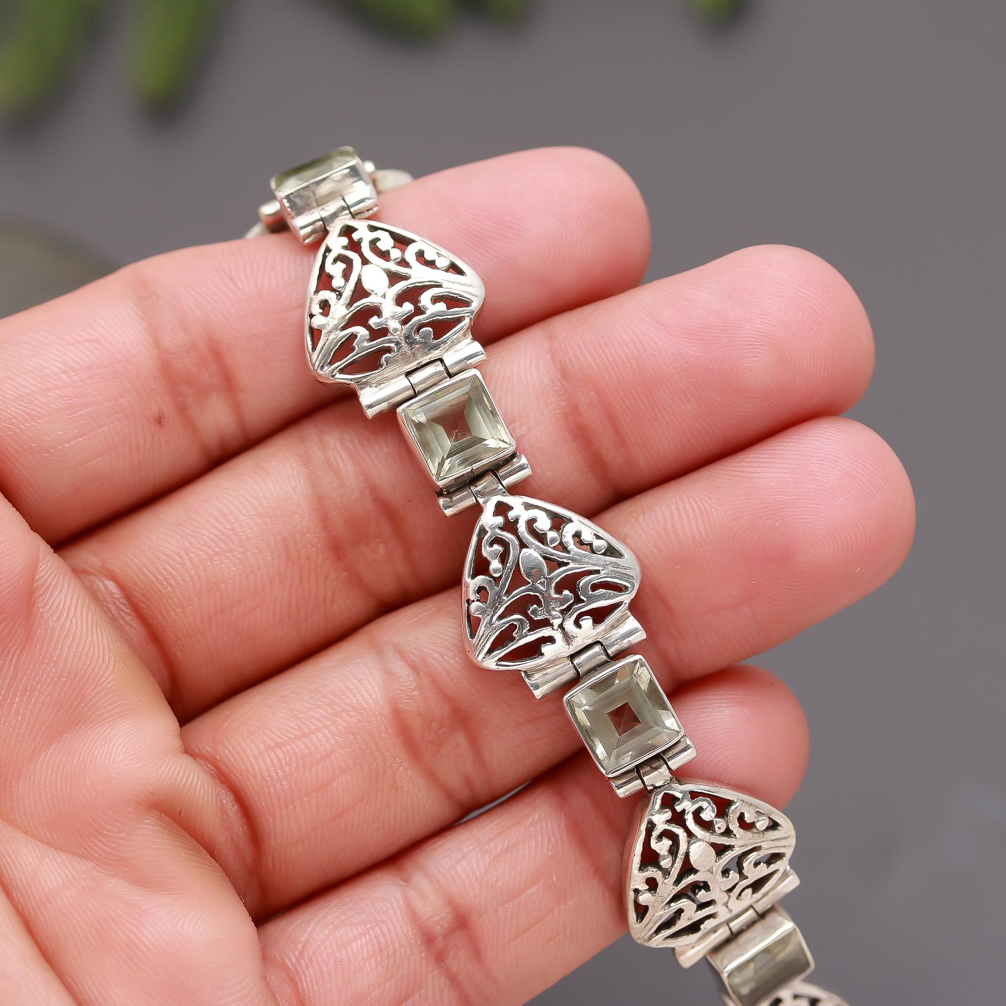 925 Silver Filigree Green Amethyst Bracelet