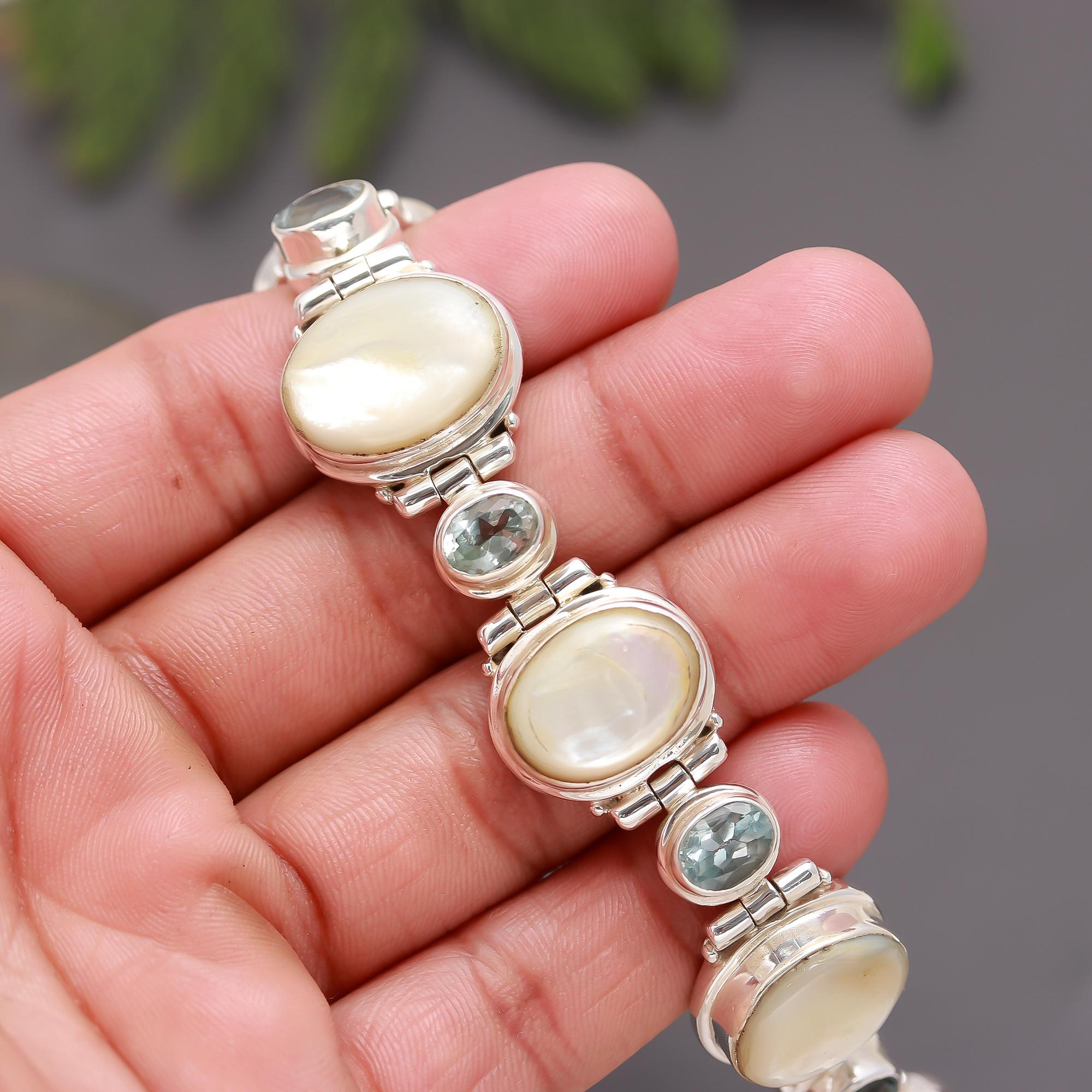 925 Silver Pearl & Aquamarine Bracelet
