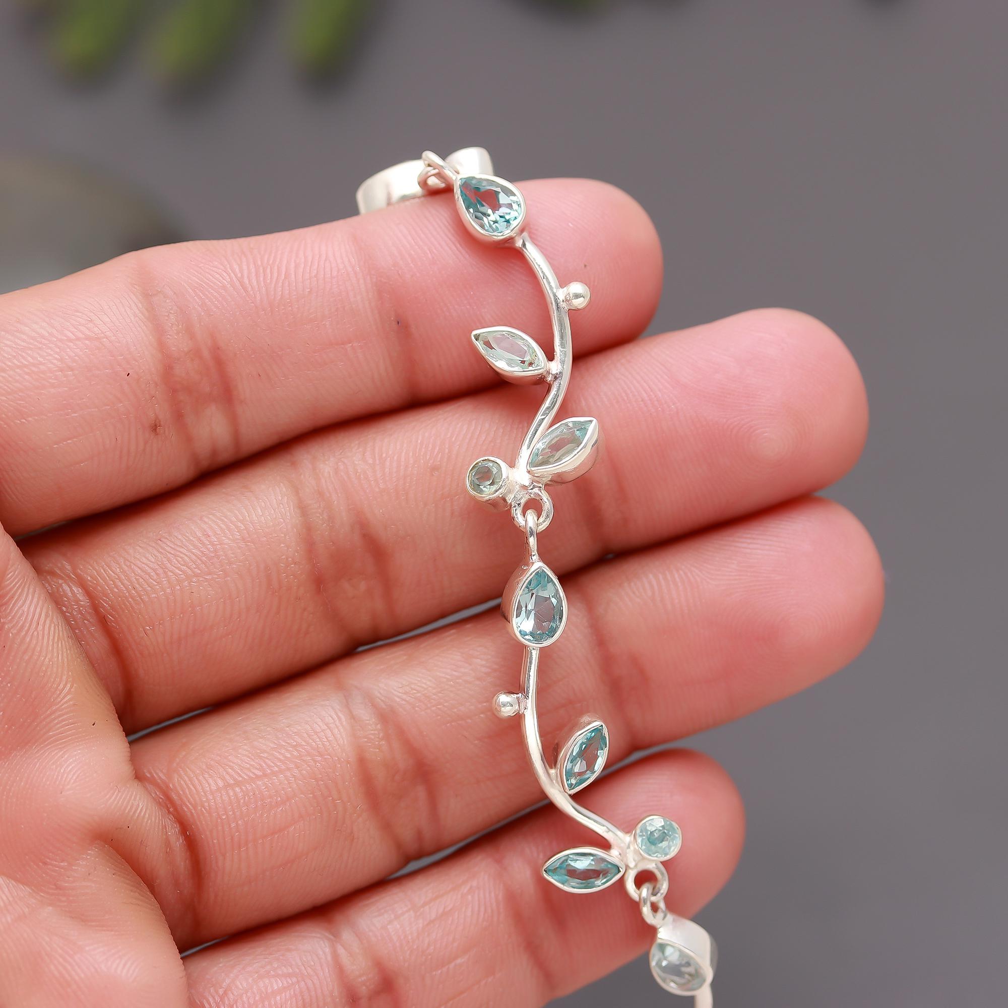 925 Silver Leafy Vine Blue Topaz Bracelet