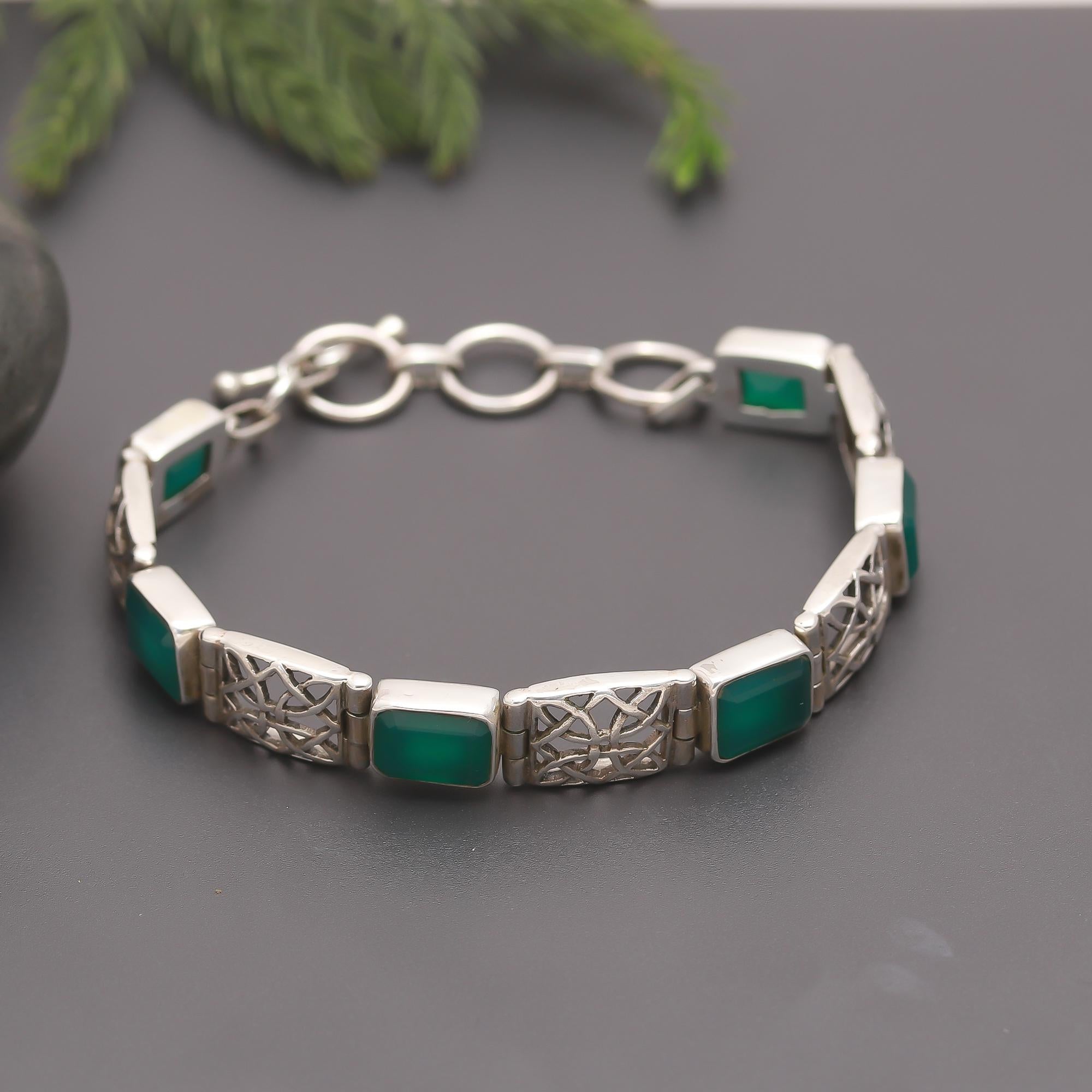 925 Silver Green Onyx Link Bracelet