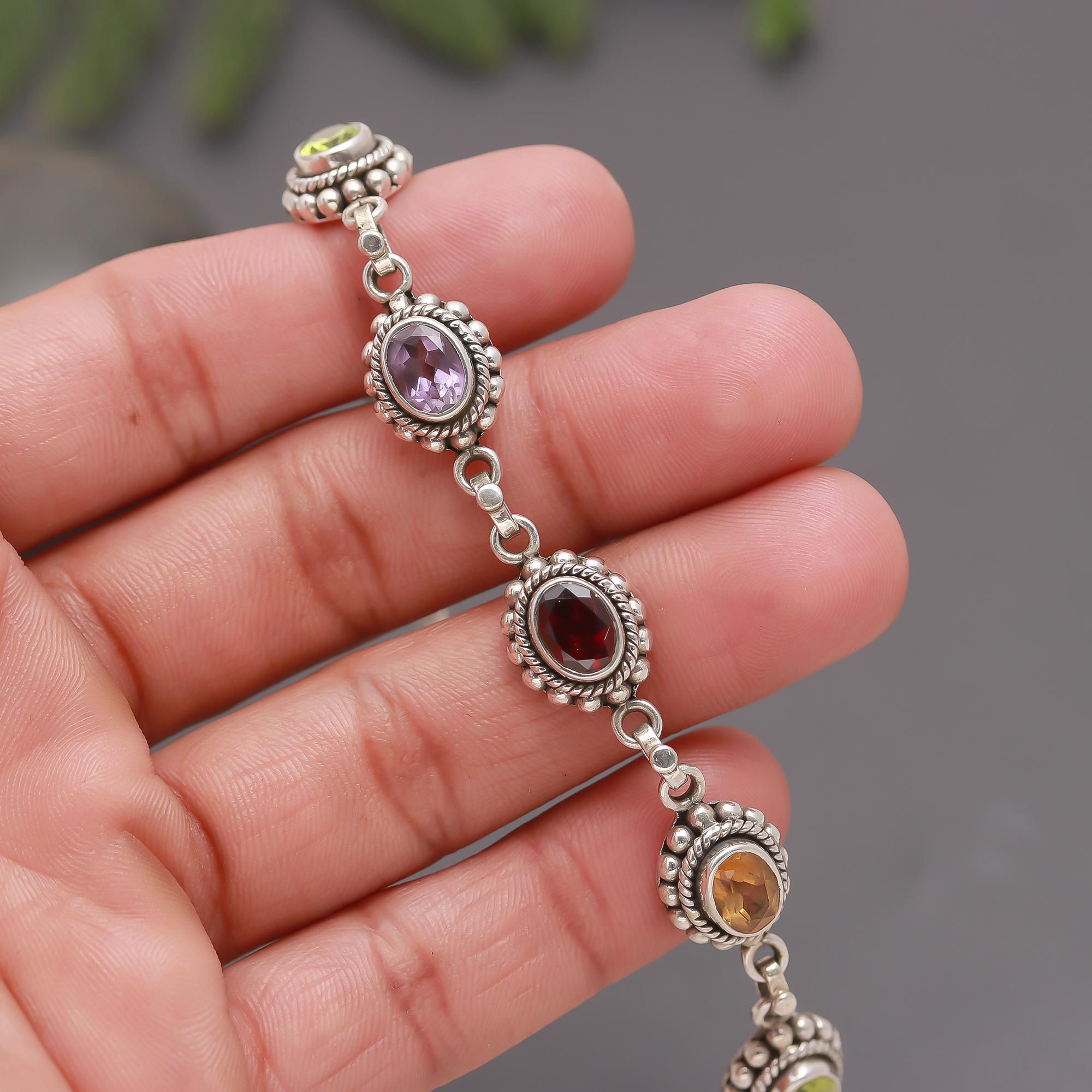 925 Silver Multi-Gem Oval Link Bracelet