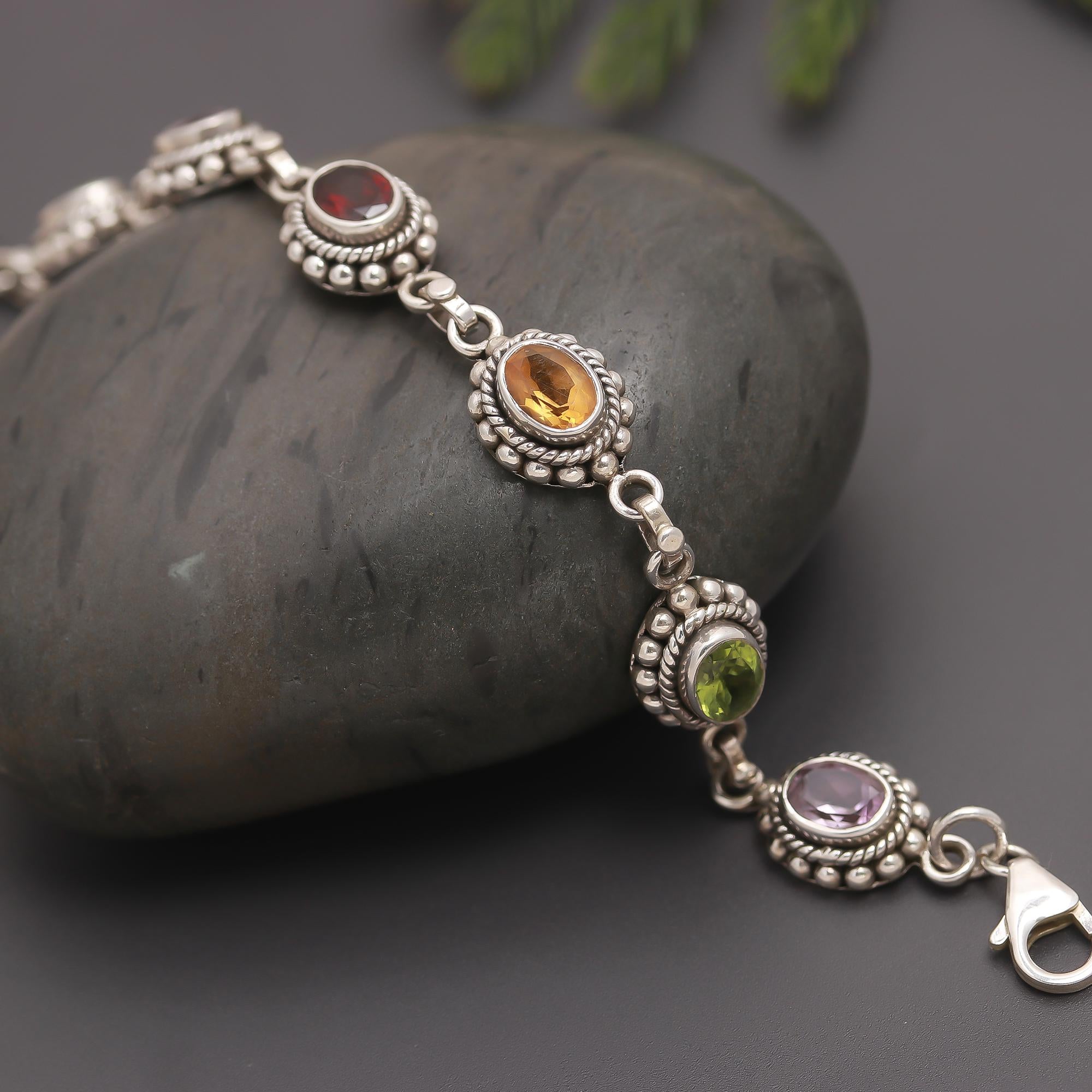 925 Silver Multi-Gem Oval Link Bracelet