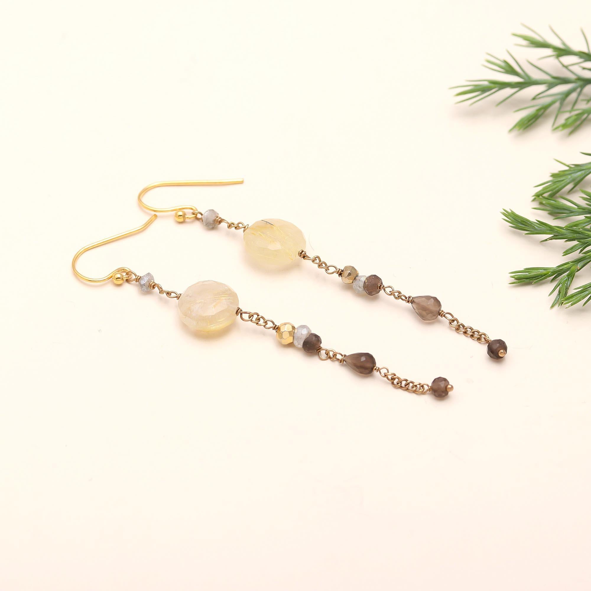 The Golden Rutile Threads: Rutilated Quartz & Smoky Drop Earrings