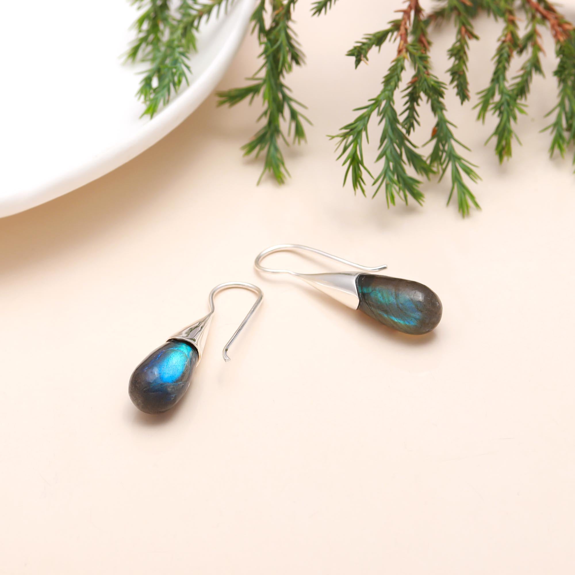 Handmade 925 Sterling Silver Labradorite Teardrop Dangle Earrings