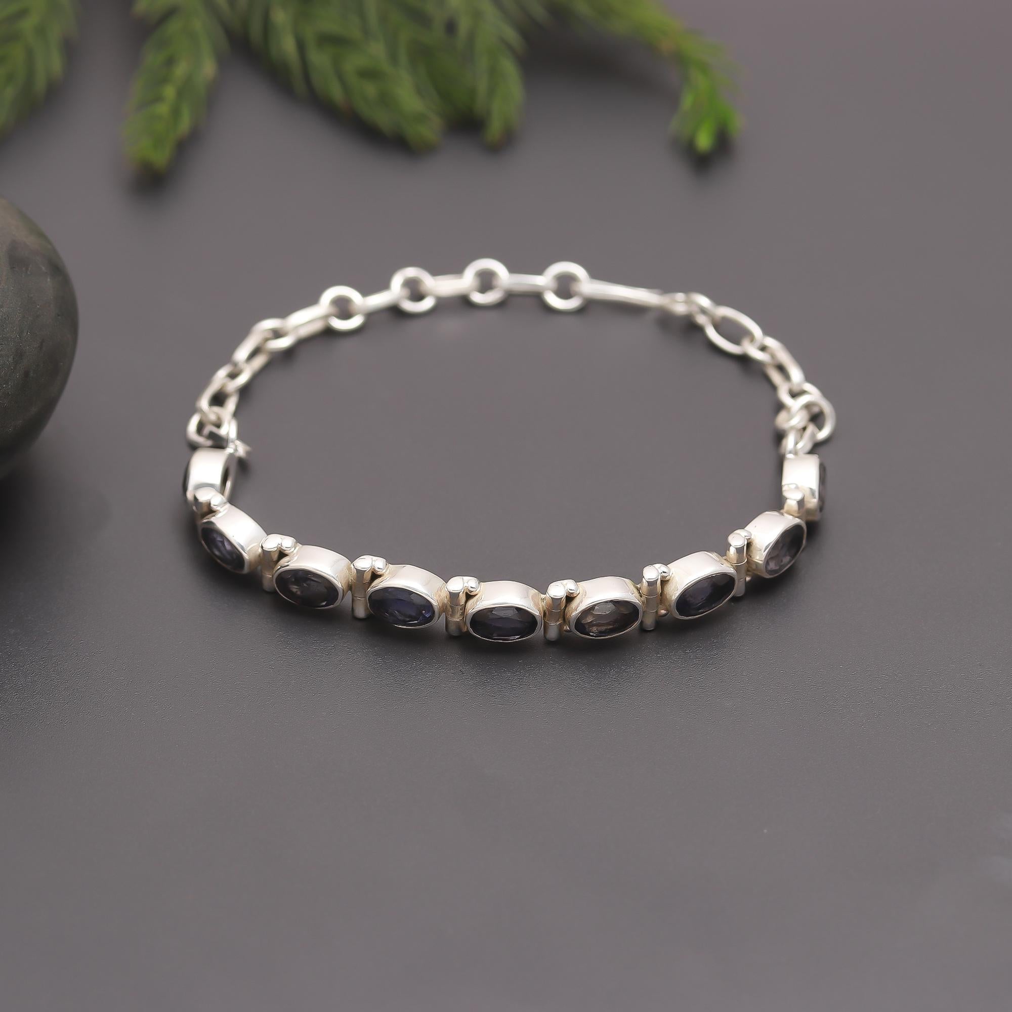 925 Silver Oval Cut Iolite Link Bracelet