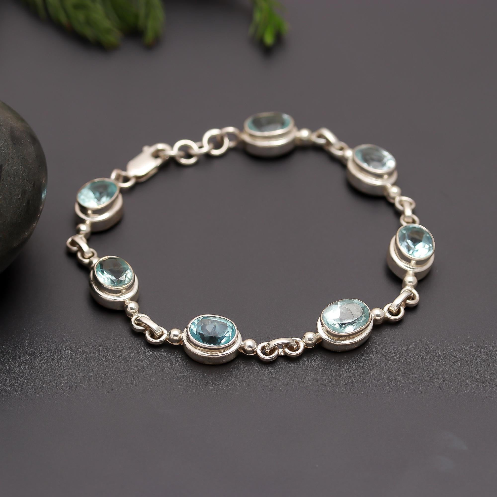 925 Silver Oval Aquamarine Link Bracelet