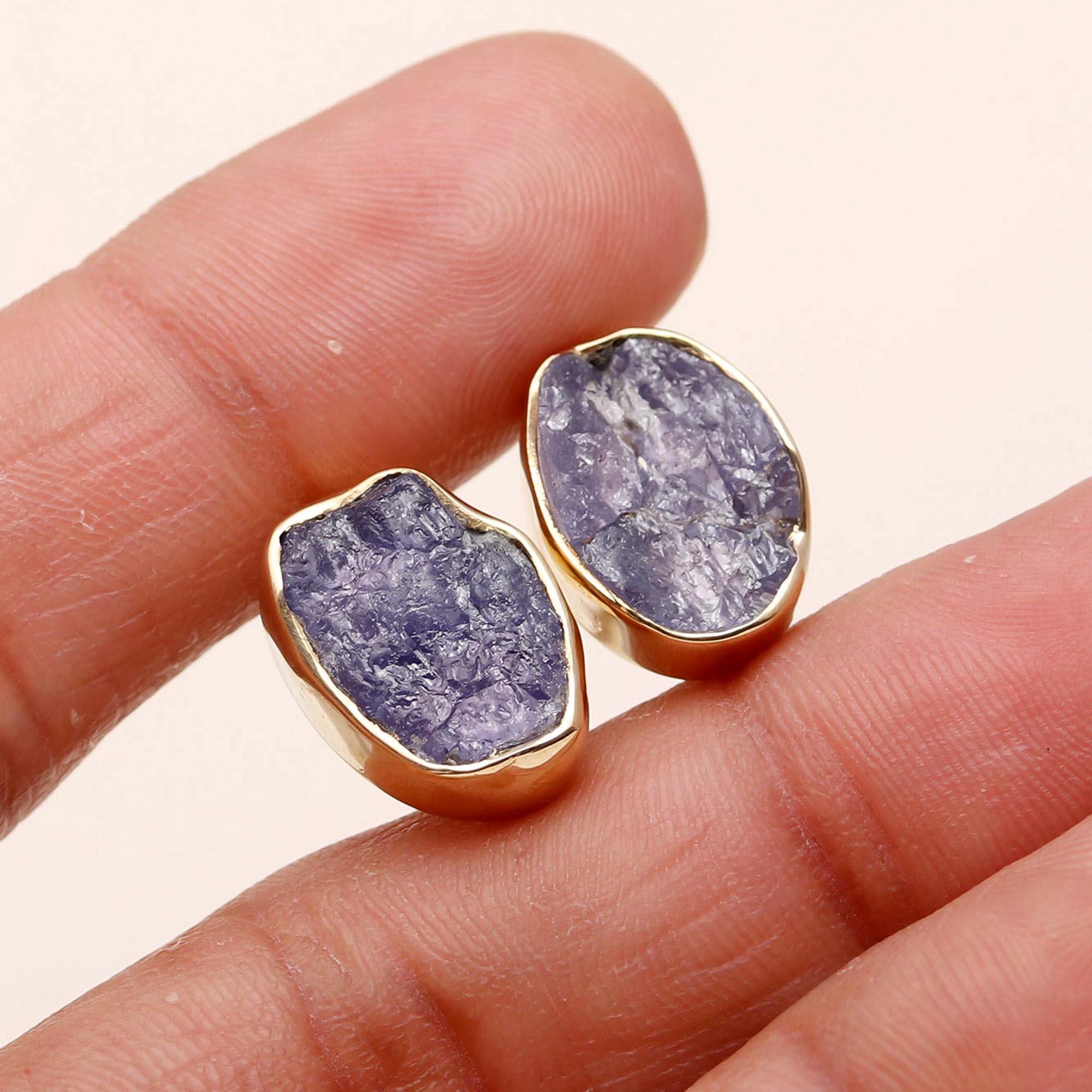 925 Silver Raw Tanzanite Stud Earrings
