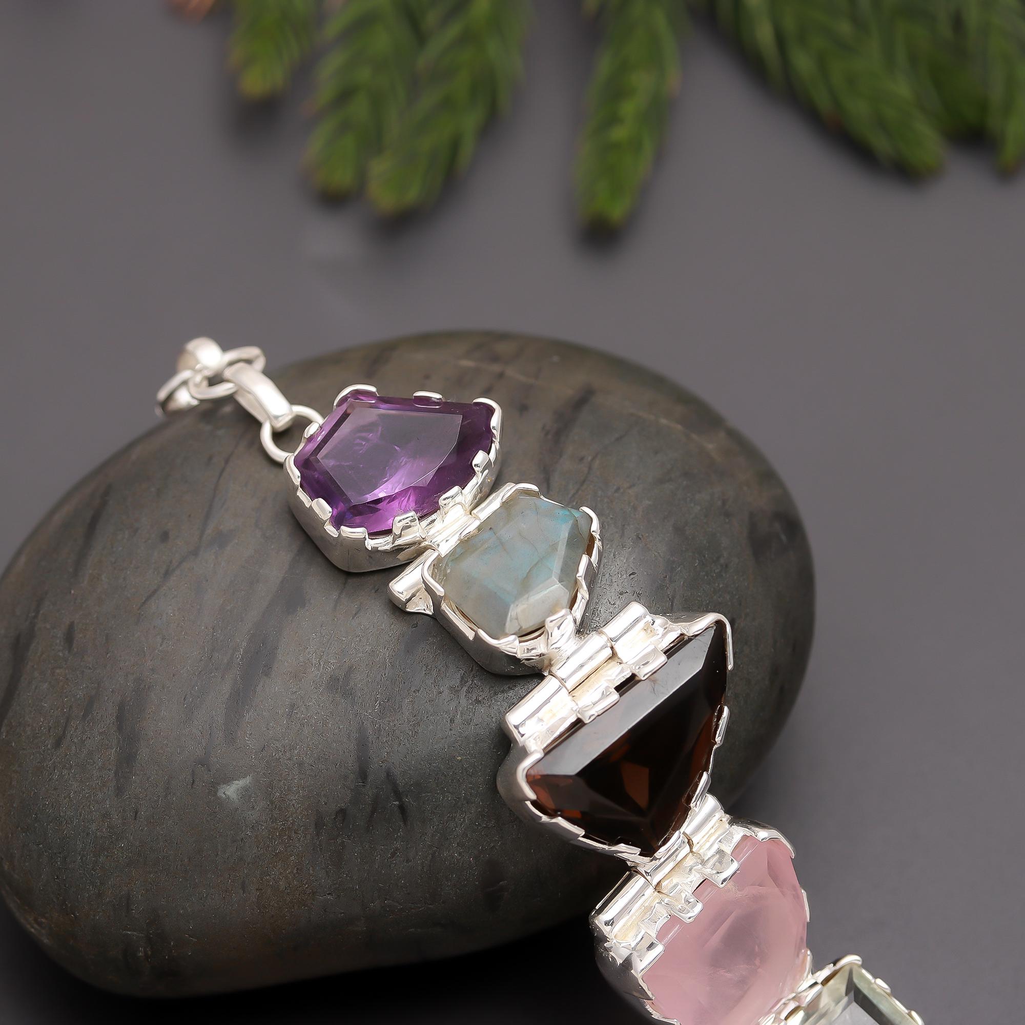 925 Silver Mixed Gemstone Statement Bracelet