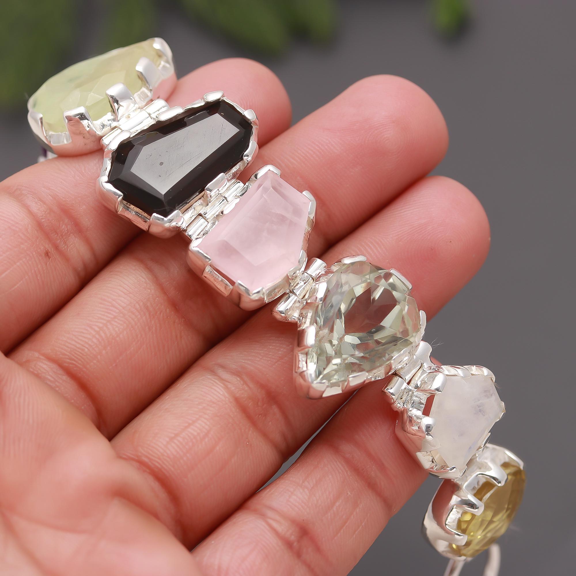 925 Silver Raw Gemstone Multicolor Statement Bracelet