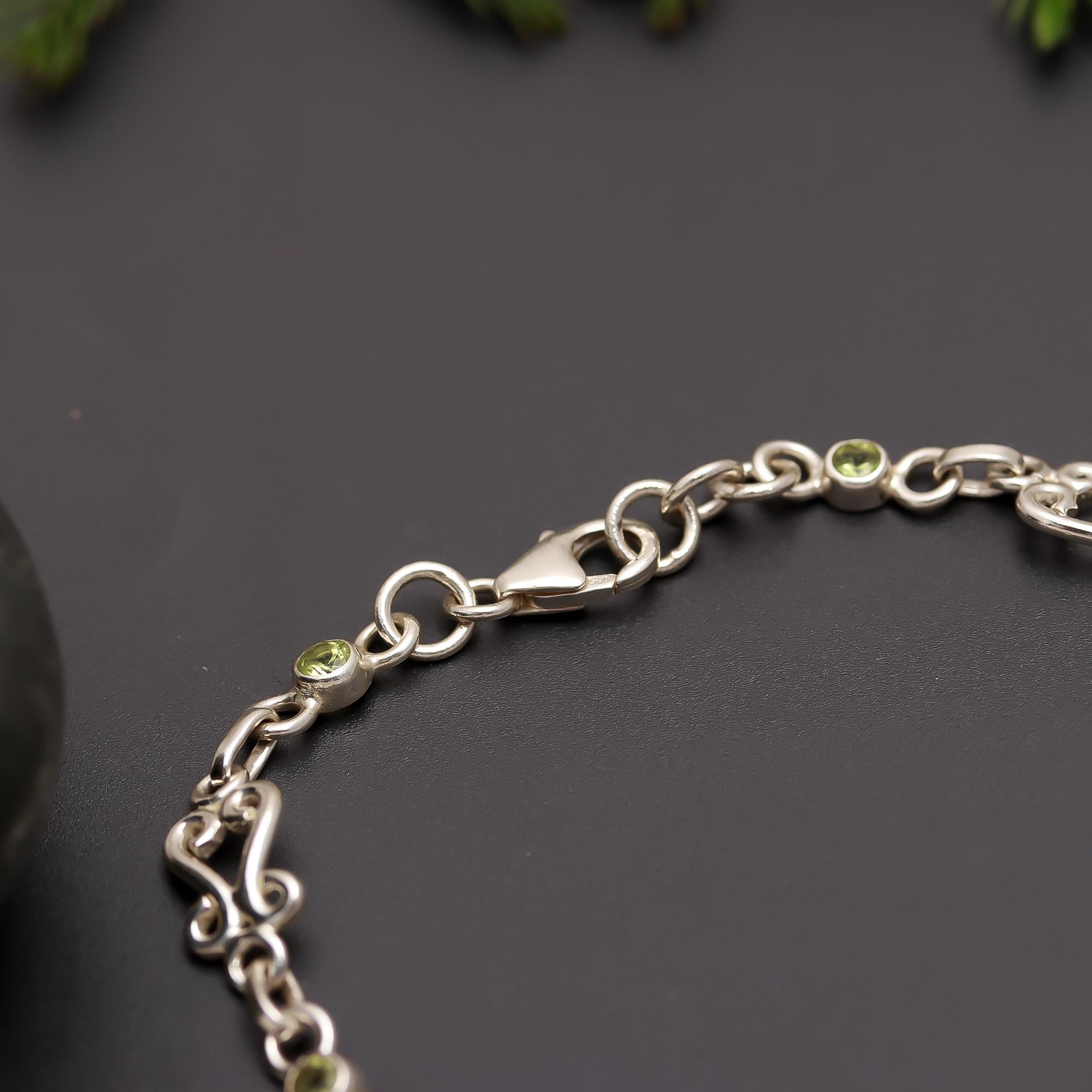 925 Silver Round Peridot Scroll Link Bracelet
