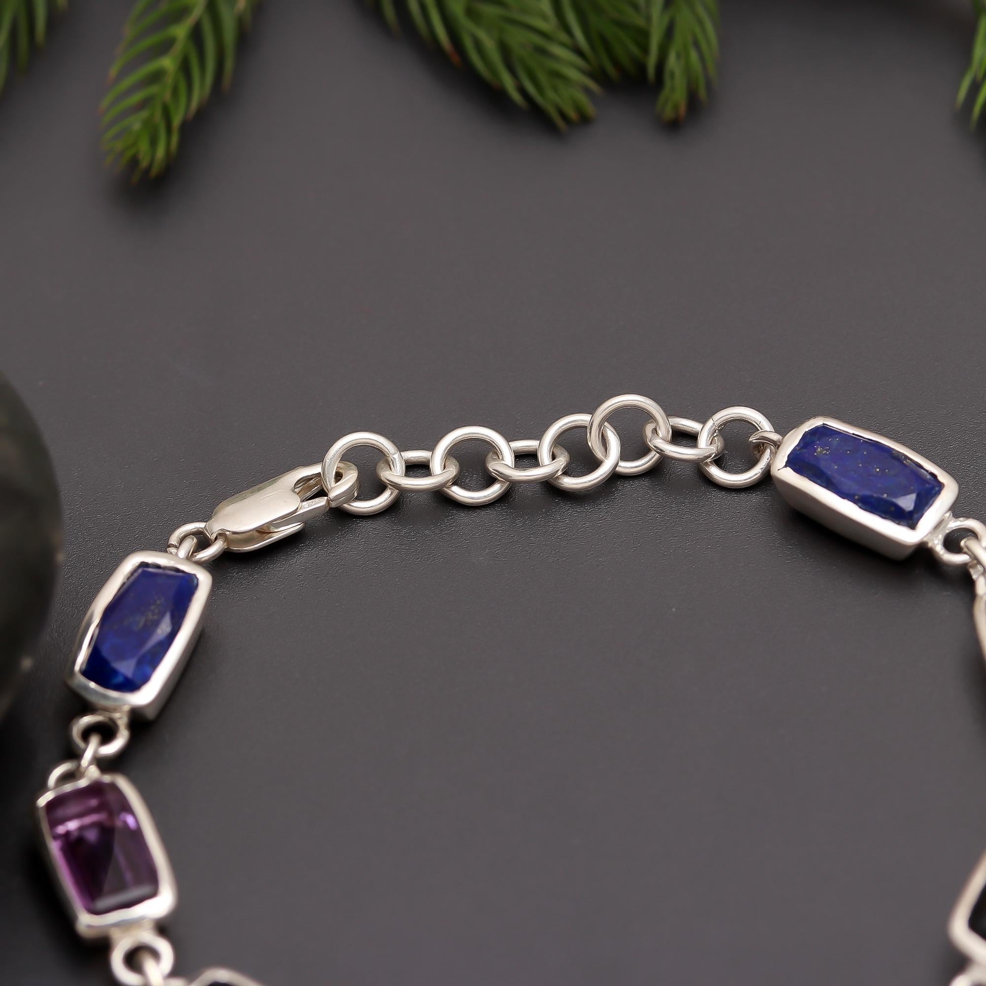 925 Silver Multi-Gemstone Link Bracelet