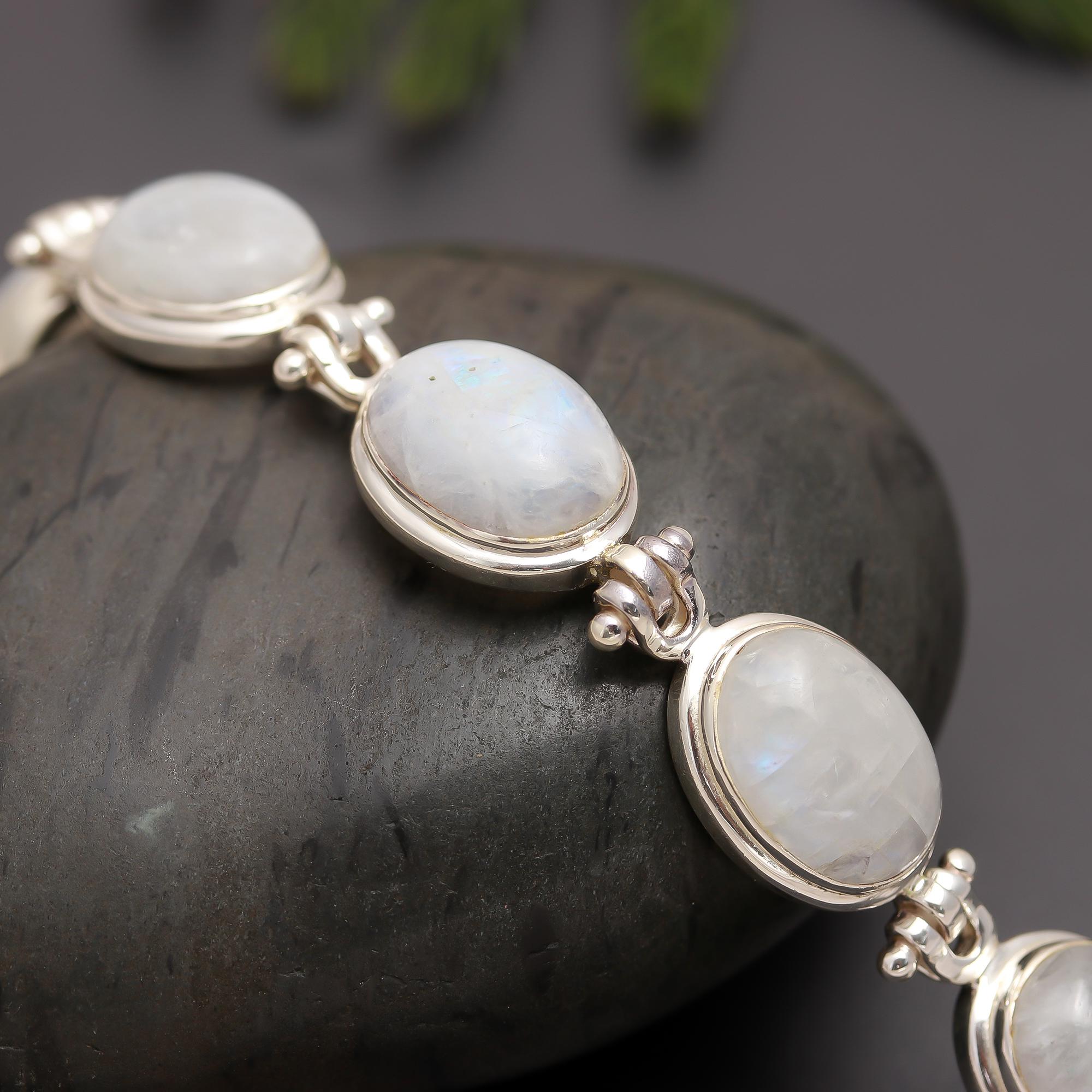 925 Silver Oval Moonstone Link Bracelet