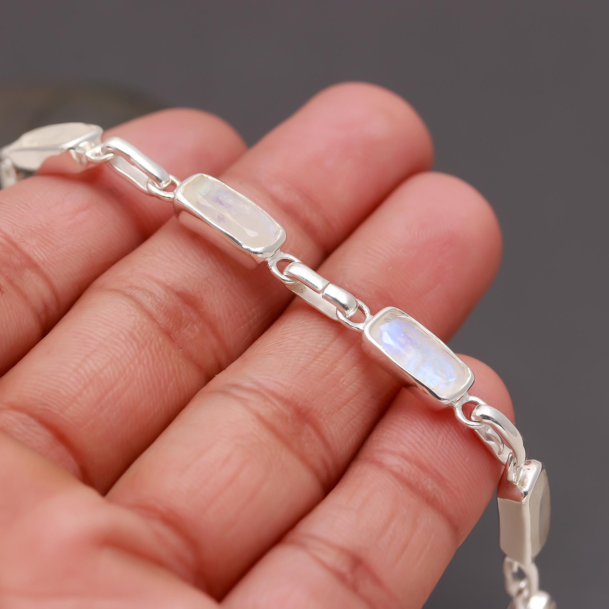 925 Silver Rainbow Moonstone Link Bracelet
