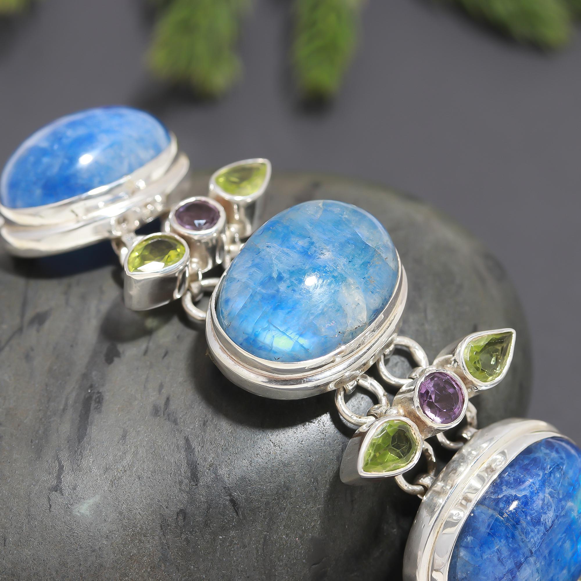 925 Silver Kyanite, Peridot & Amethyst Cluster Bracelet