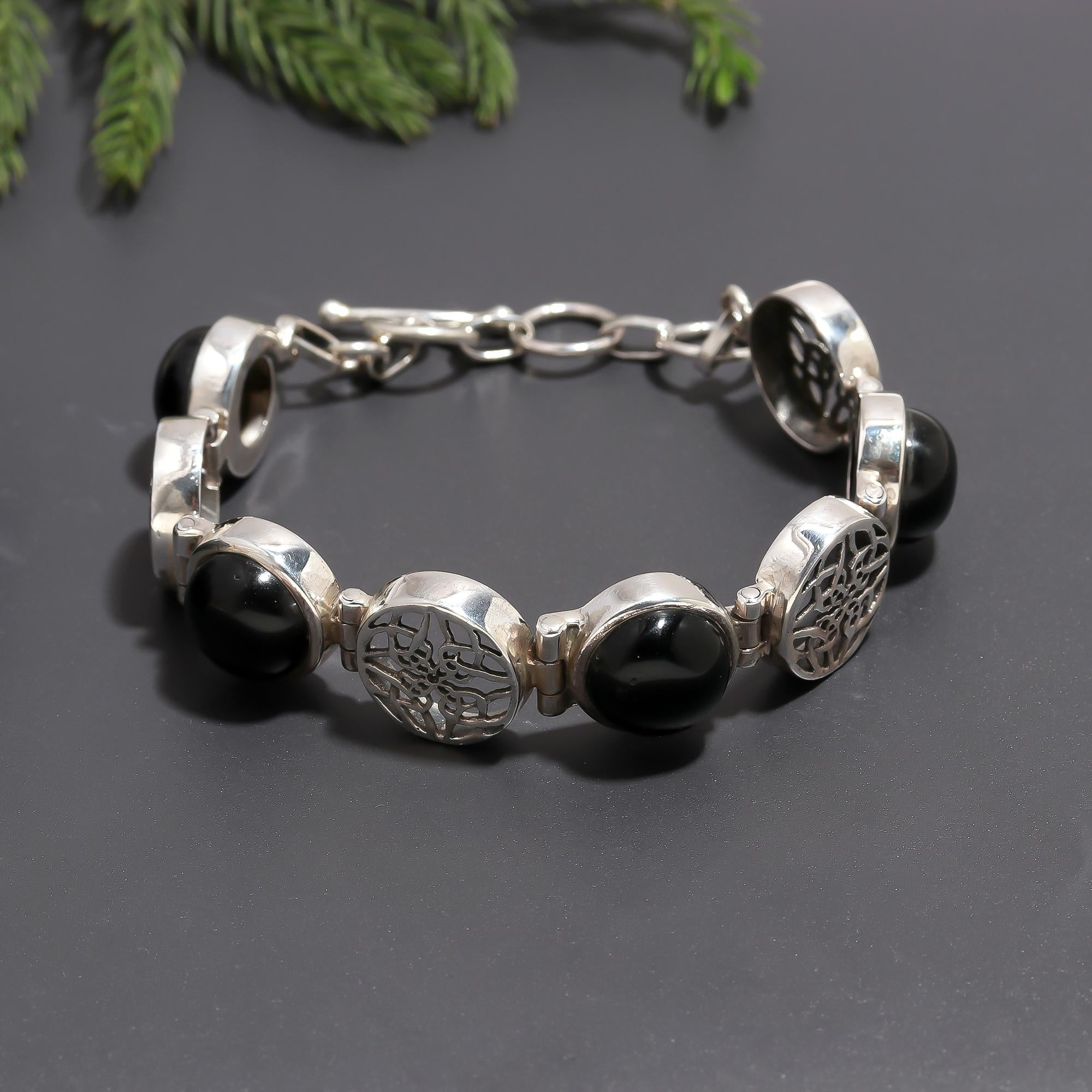 925 Silver Filigree & Black Onyx Link Bracelet