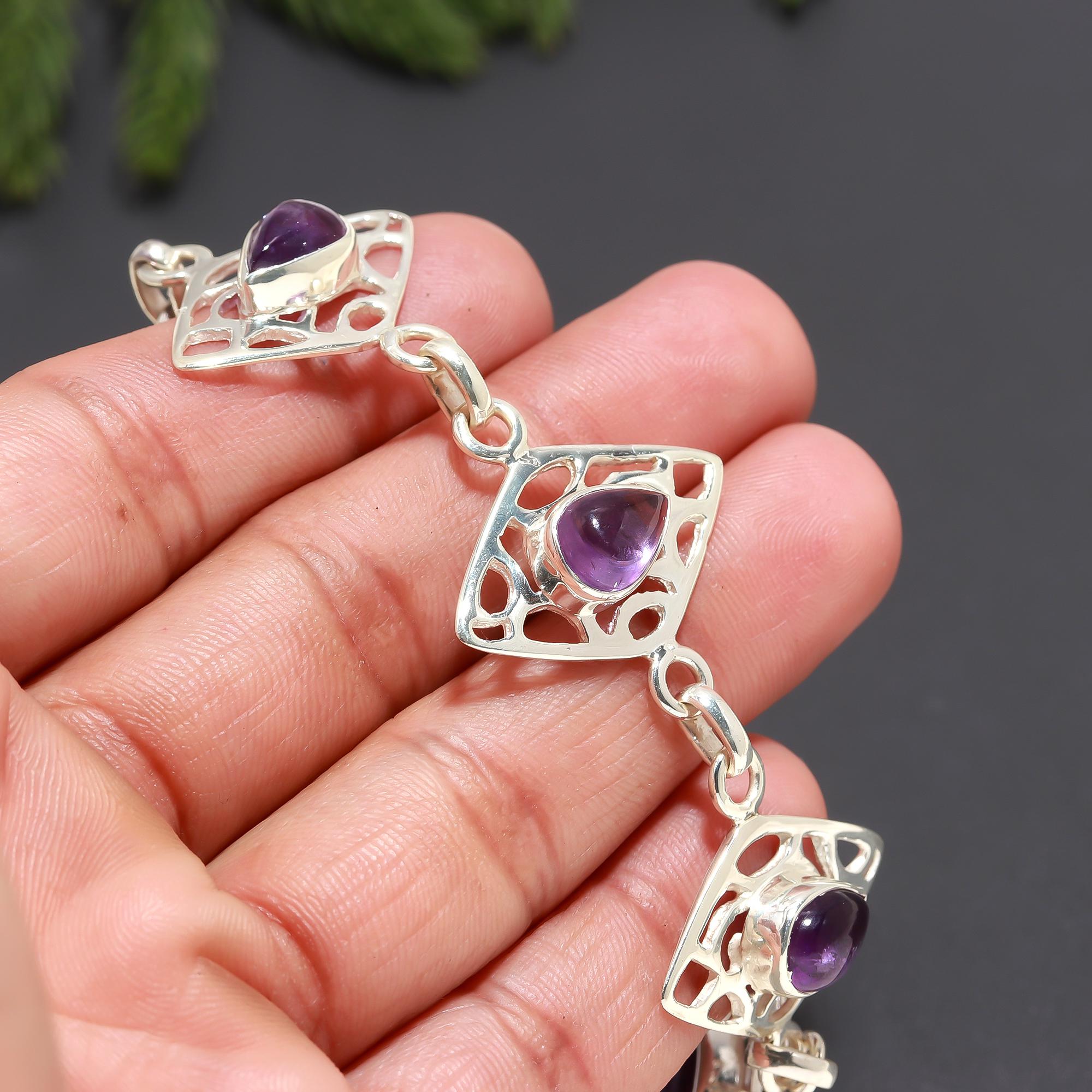 925 Silver Amethyst Teardrop Filigree Link Bracelet
