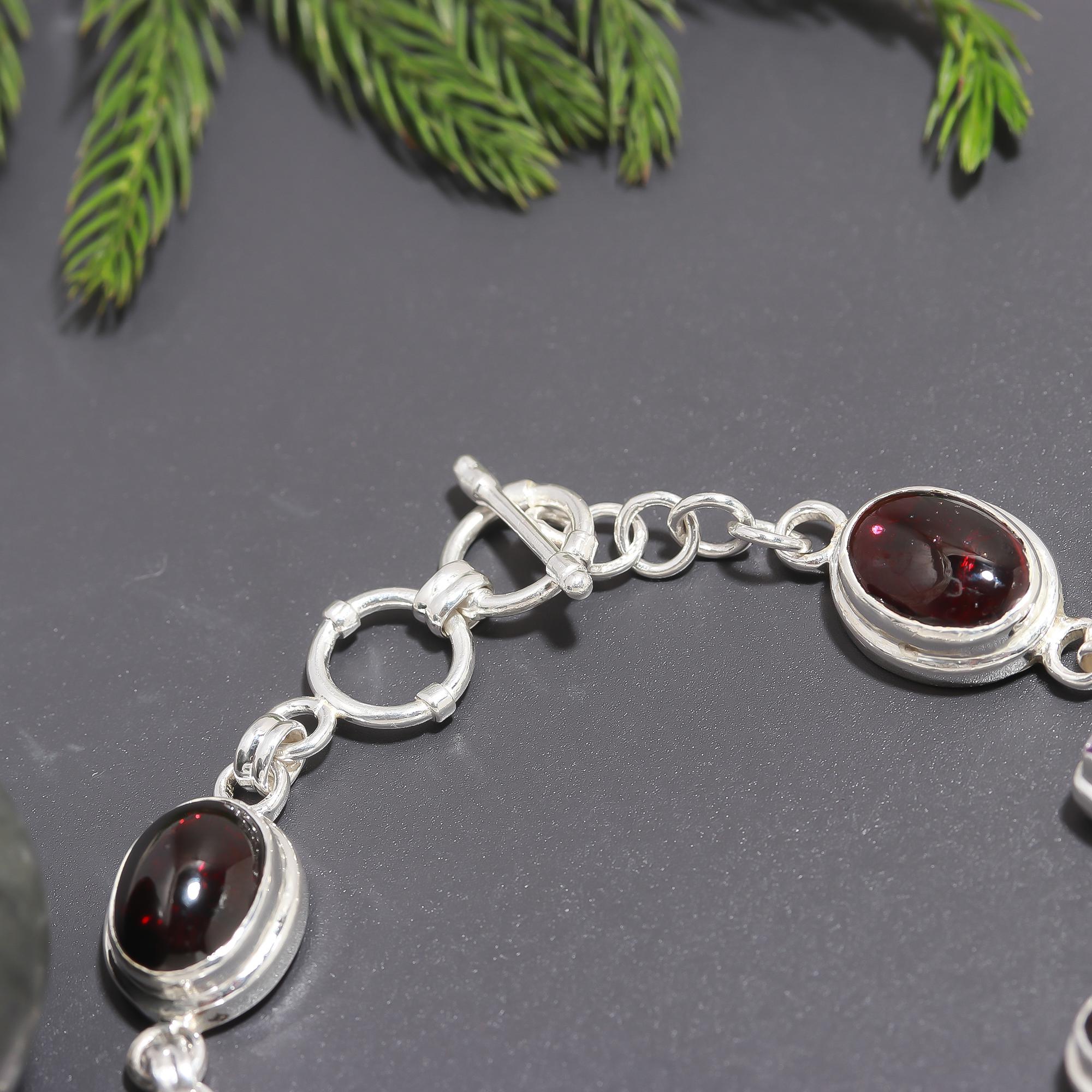 925 Silver Garnet and Amethyst Link Bracelet