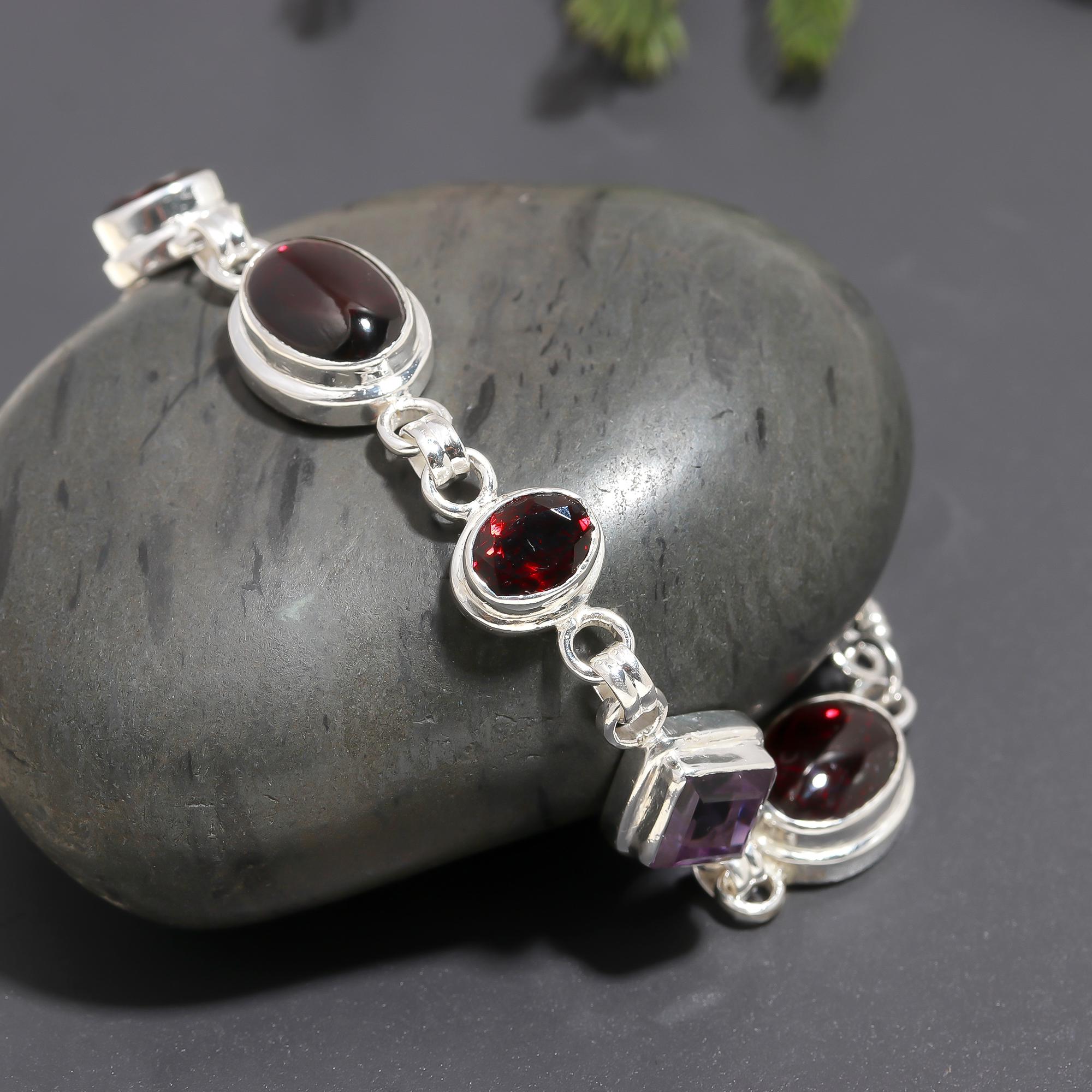 925 Silver Garnet and Amethyst Link Bracelet