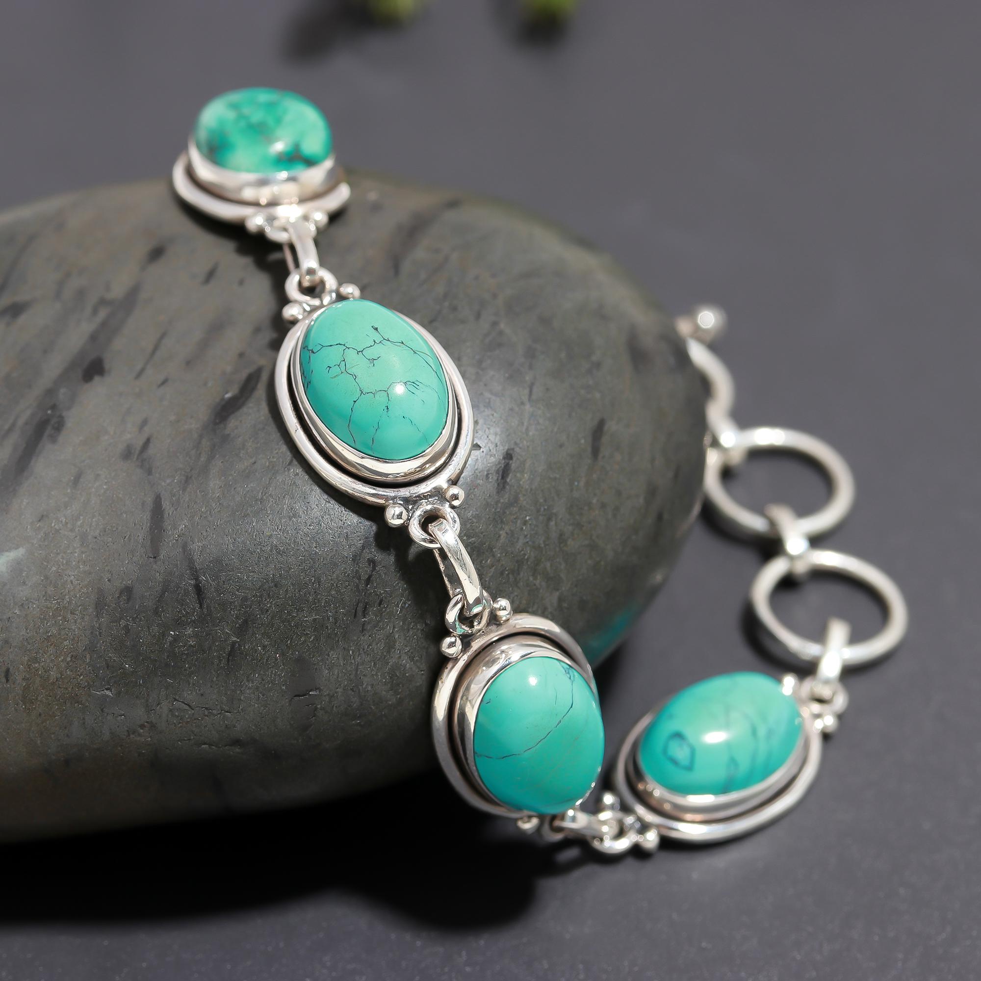 925 Silver Oval Turquoise Link Bracelet