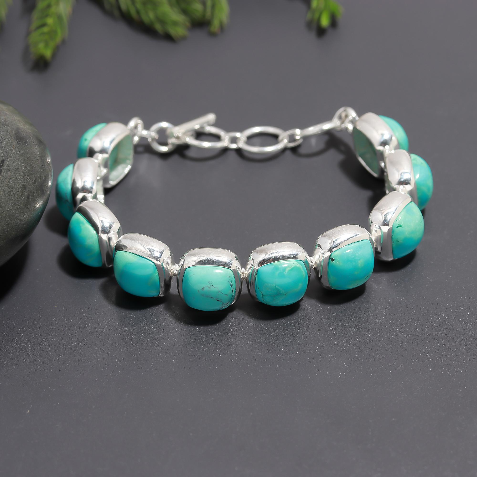 925 Silver Cushion-Cut Turquoise Link Bracelet