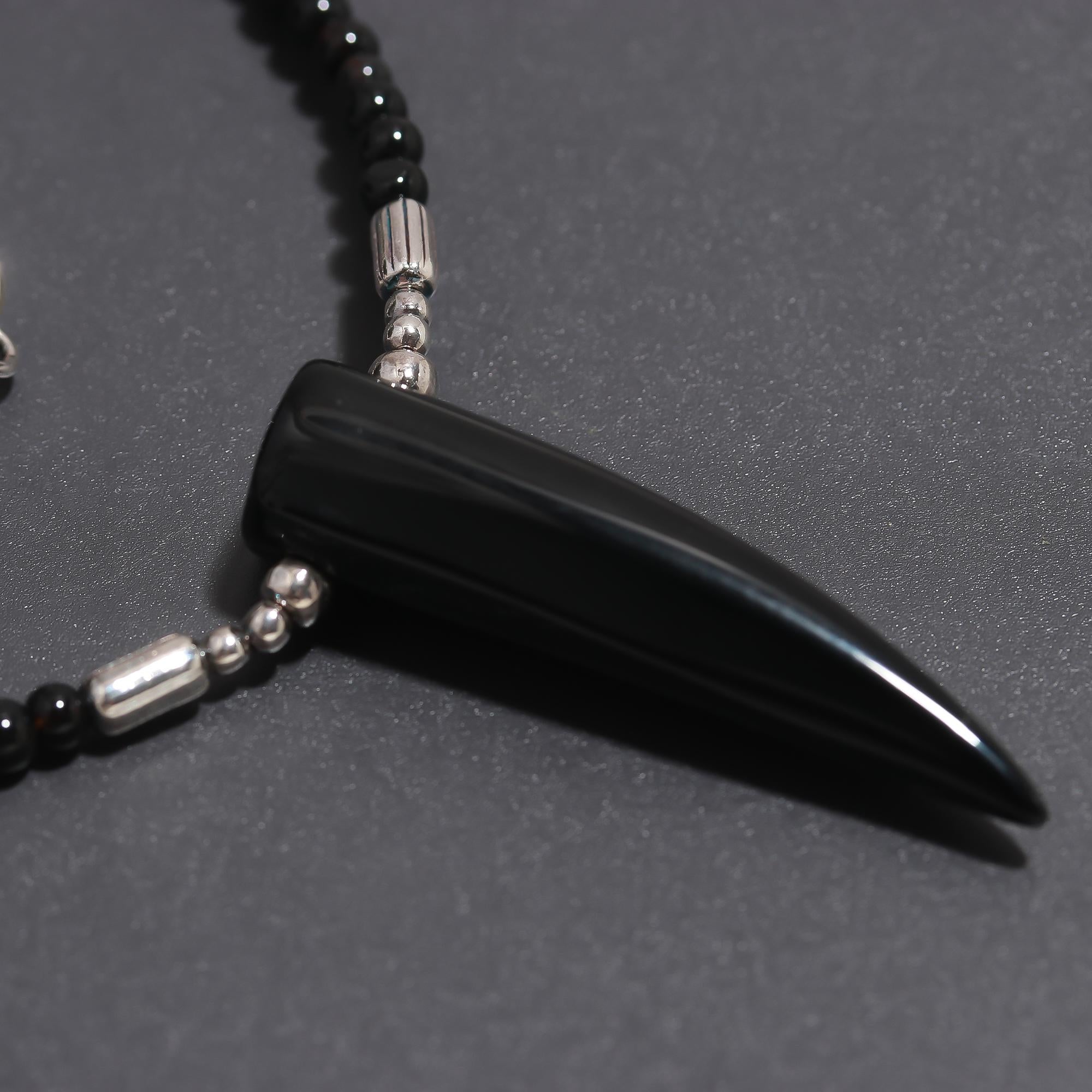 925 Silver & Onyx Horn Pendant Beaded Necklace