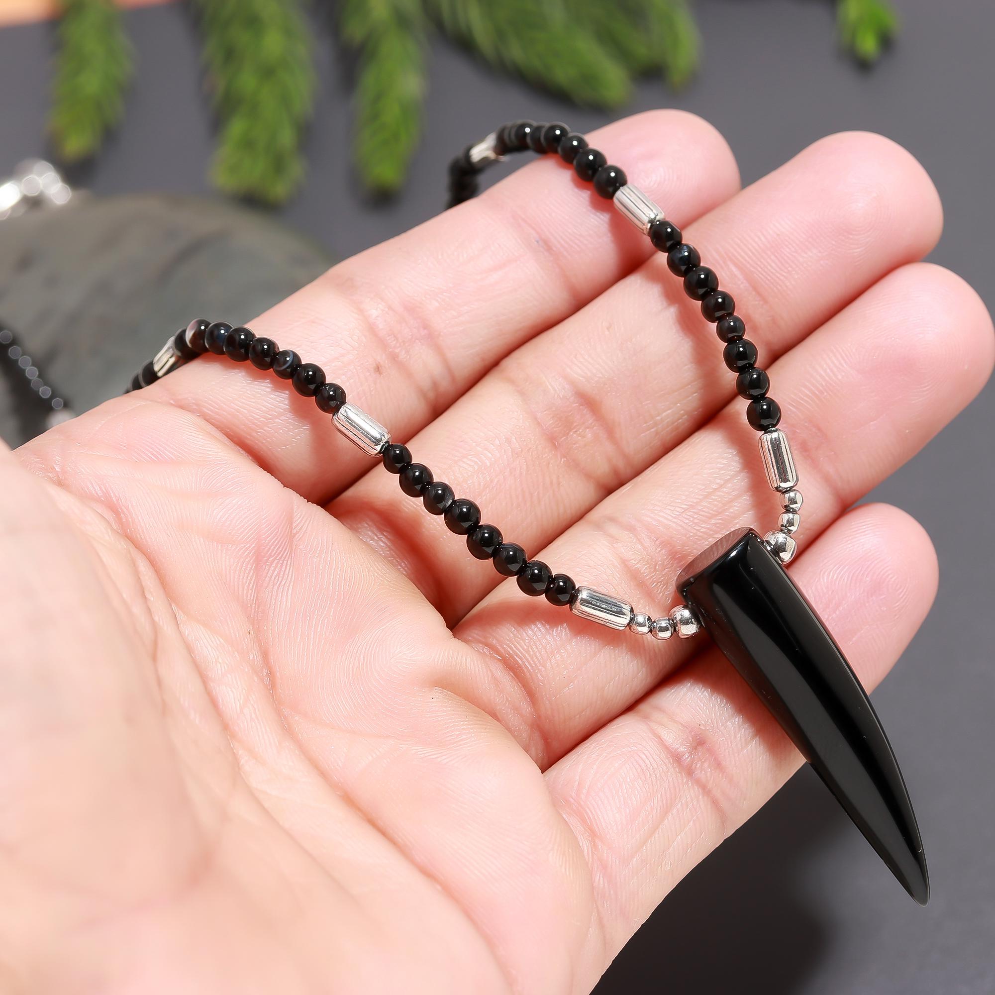 925 Silver & Onyx Horn Pendant Beaded Necklace