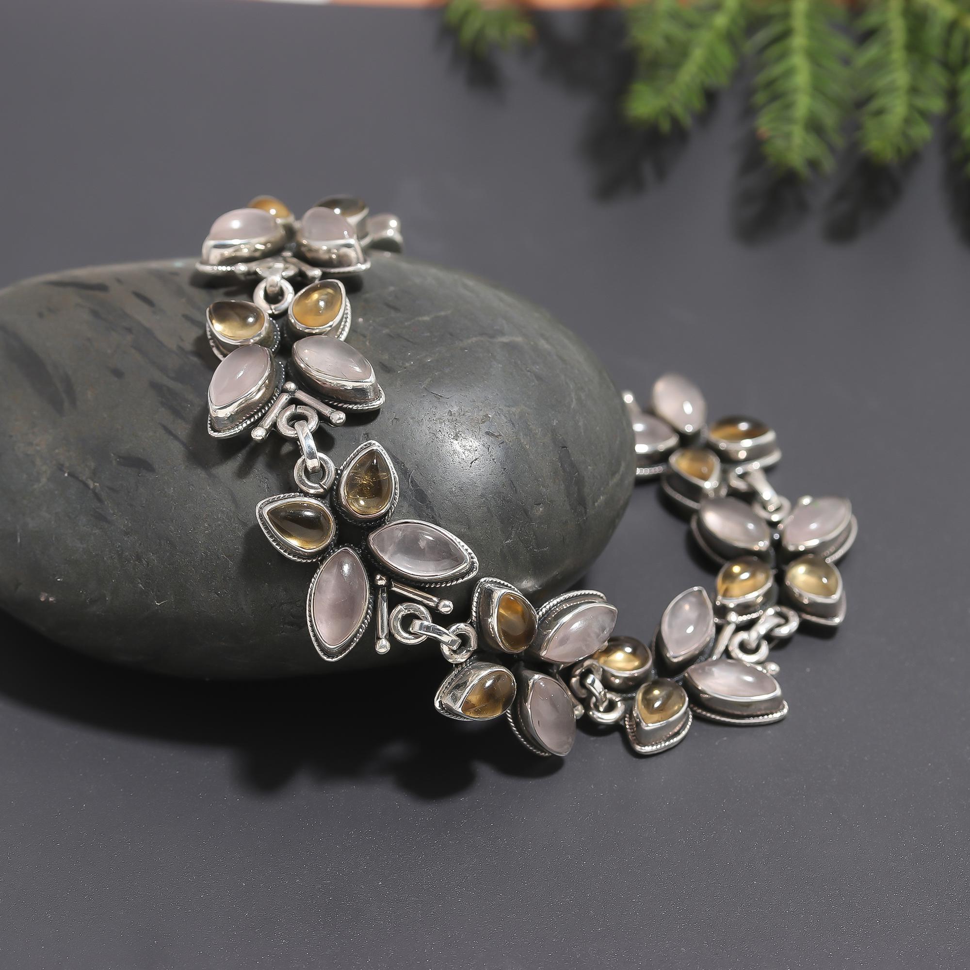 925 Silver Floral Grey Moonstone and Cat’s Eye Bracelet