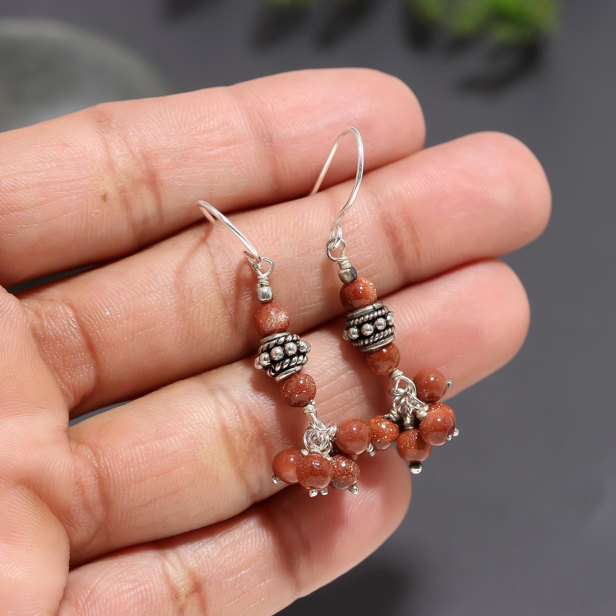 925 Silver Goldstone Cluster Drop Earrings