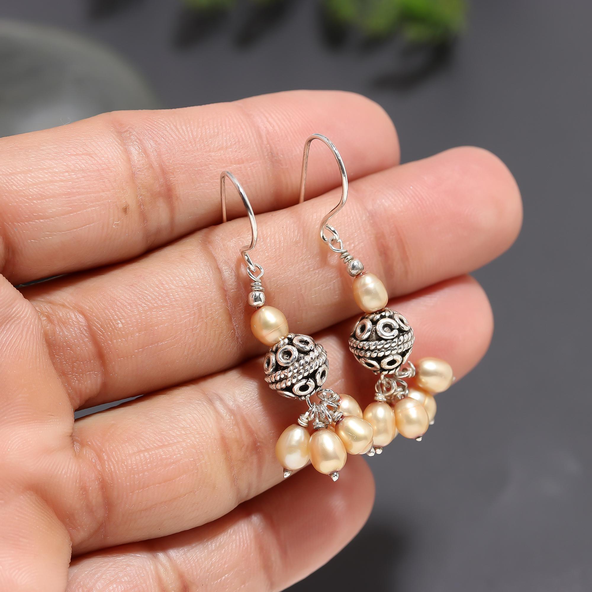 925 Silver Champagne Freshwater Pearls Cluster Dangle Earrings