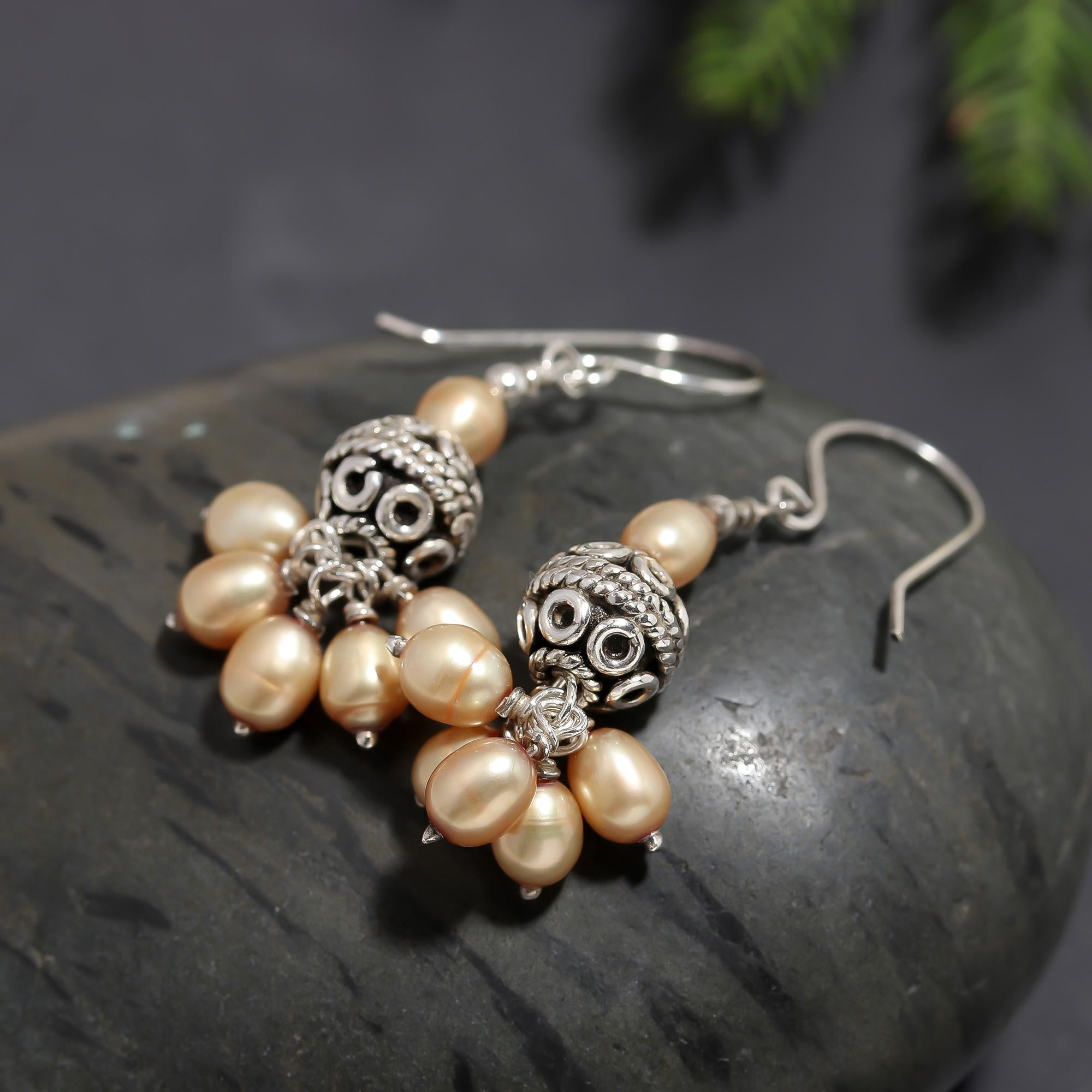 925 Silver Champagne Freshwater Pearls Cluster Dangle Earrings