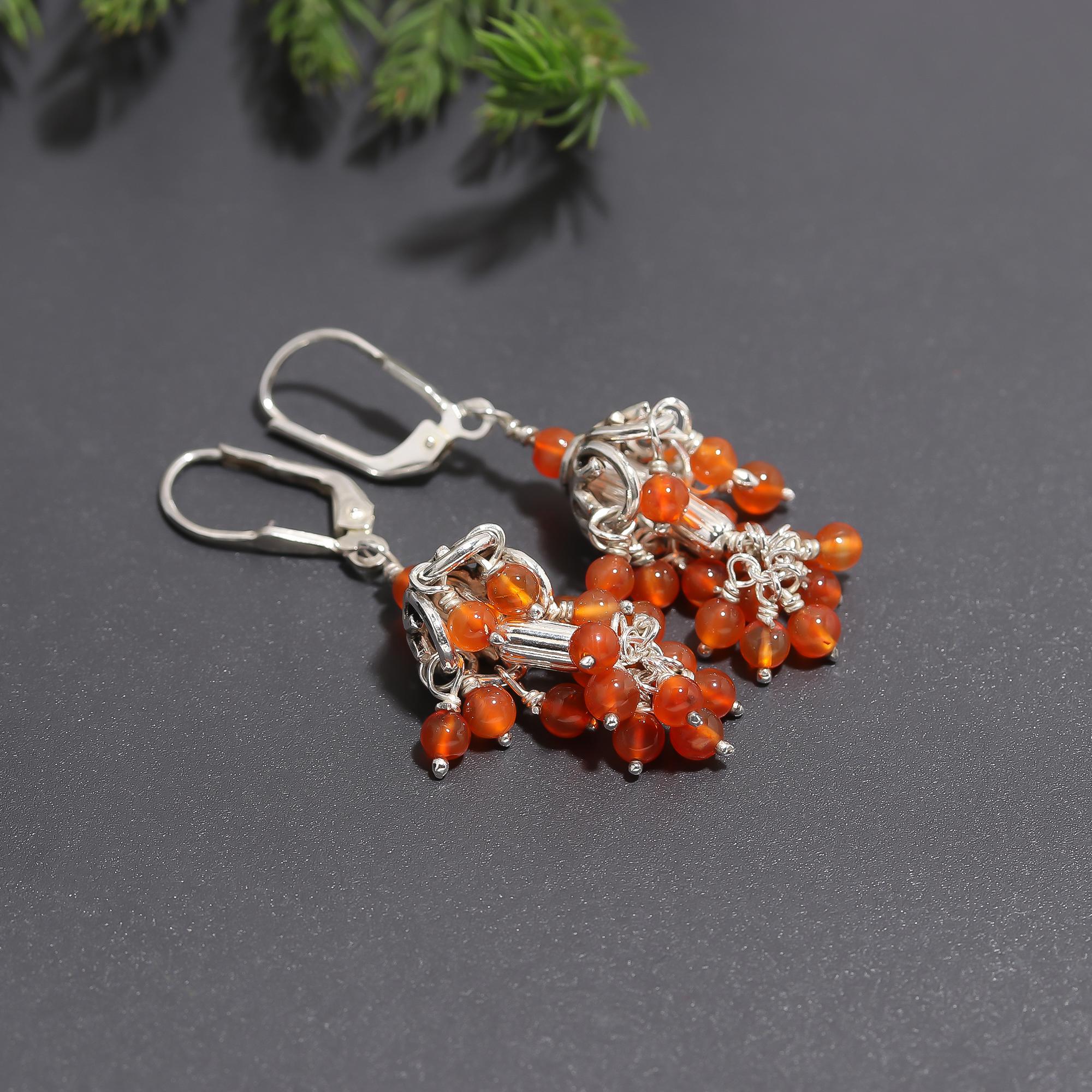 925 Silver Cluster Carnelian Beaded Dangle Earrings