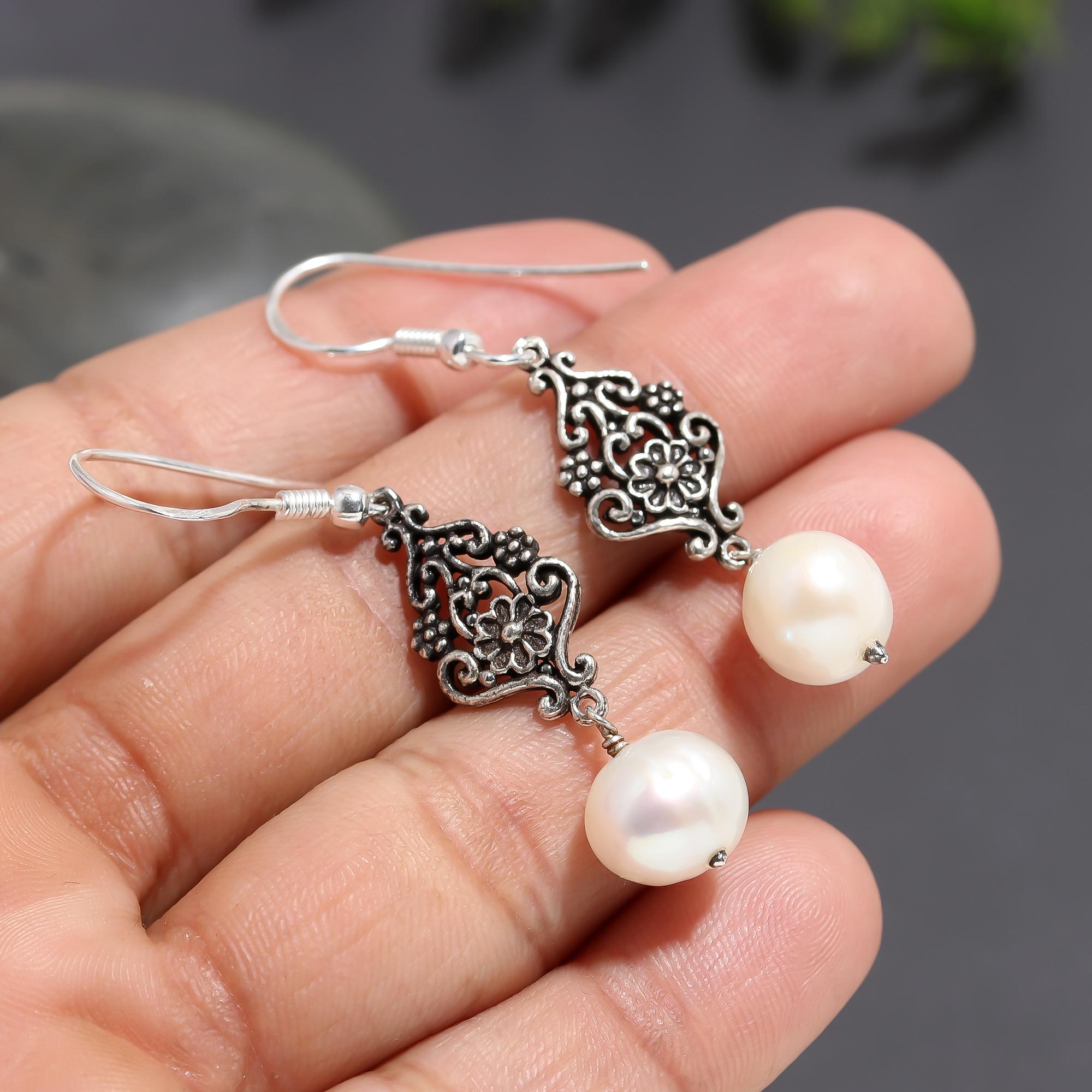 925 Silver Floral Pearl Drop Earrings