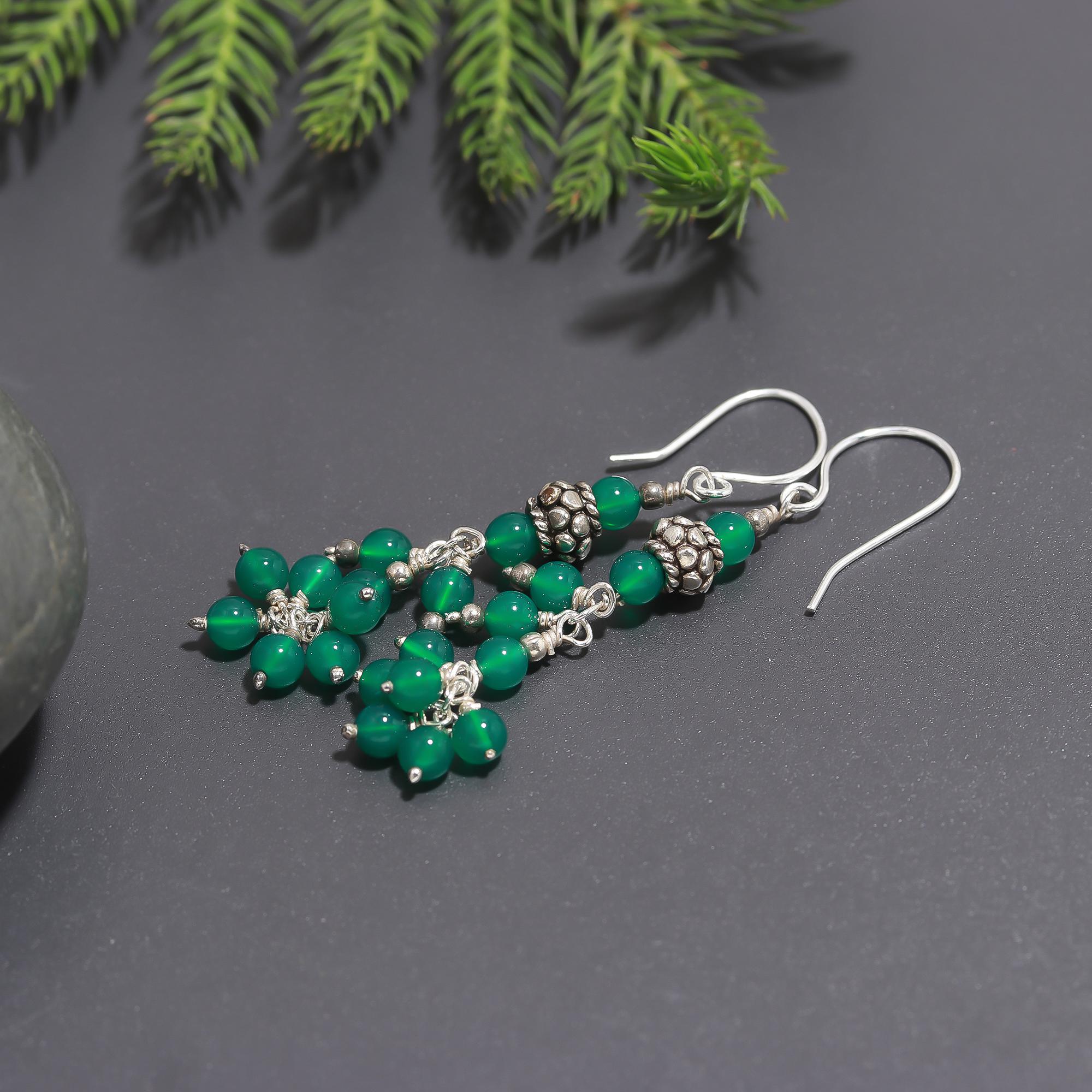 925 Silver Green Onyx Cluster Drop Earrings