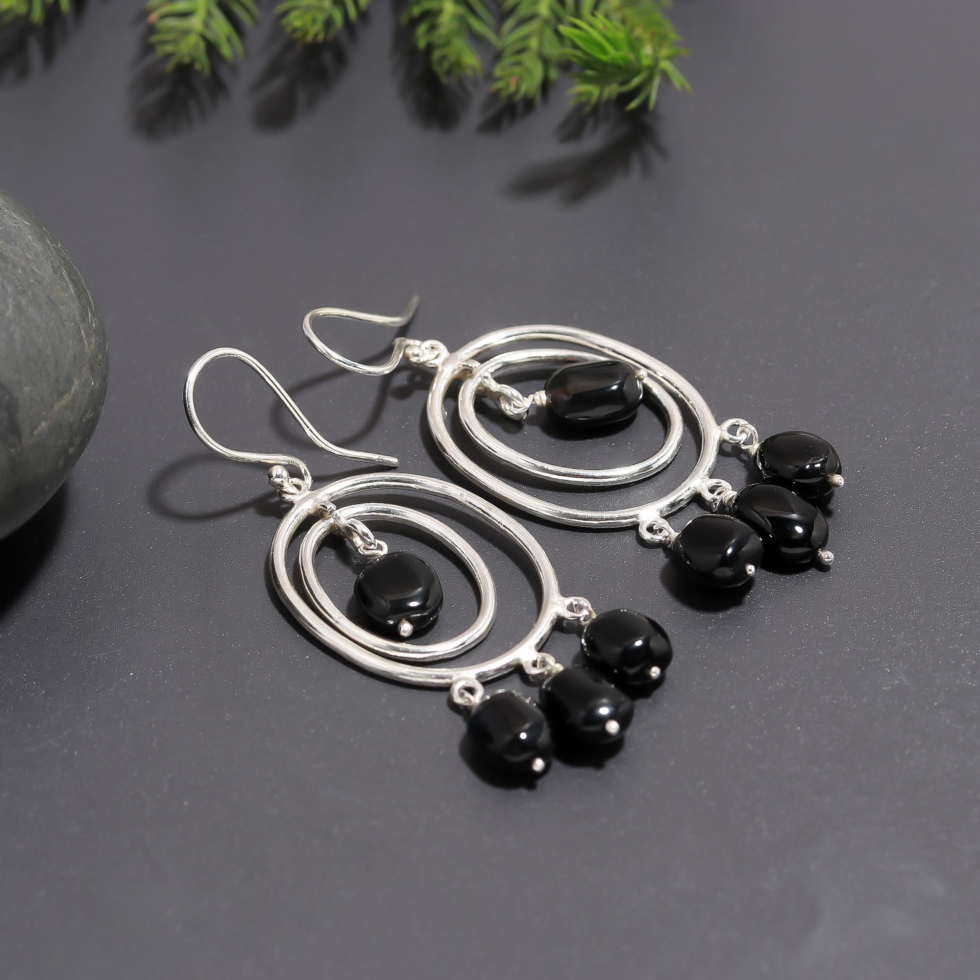 925 Silver Black Beaded Double Hoop Dangle Earrings