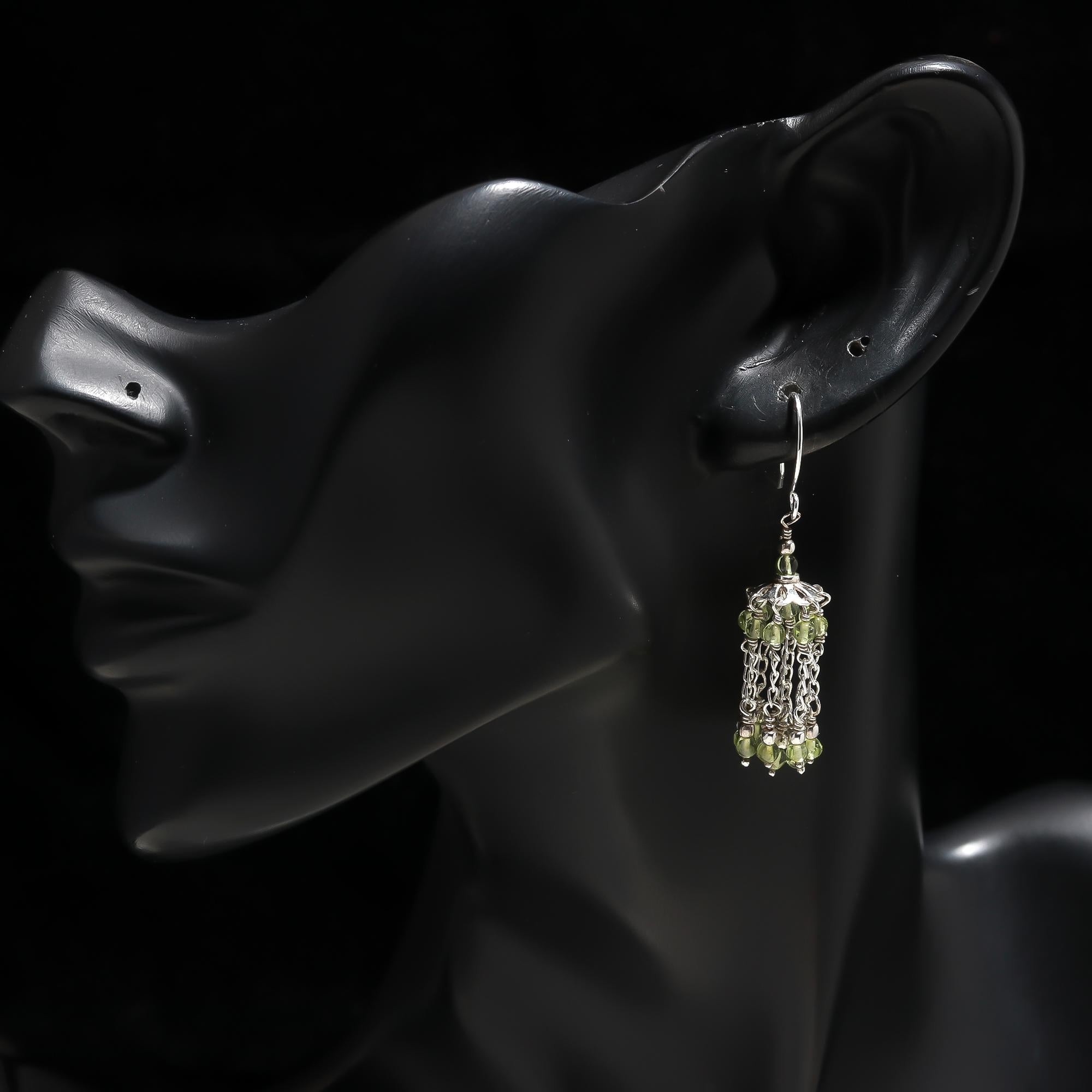 925 Silver Peridot Beaded Tassel Dangle Earrings
