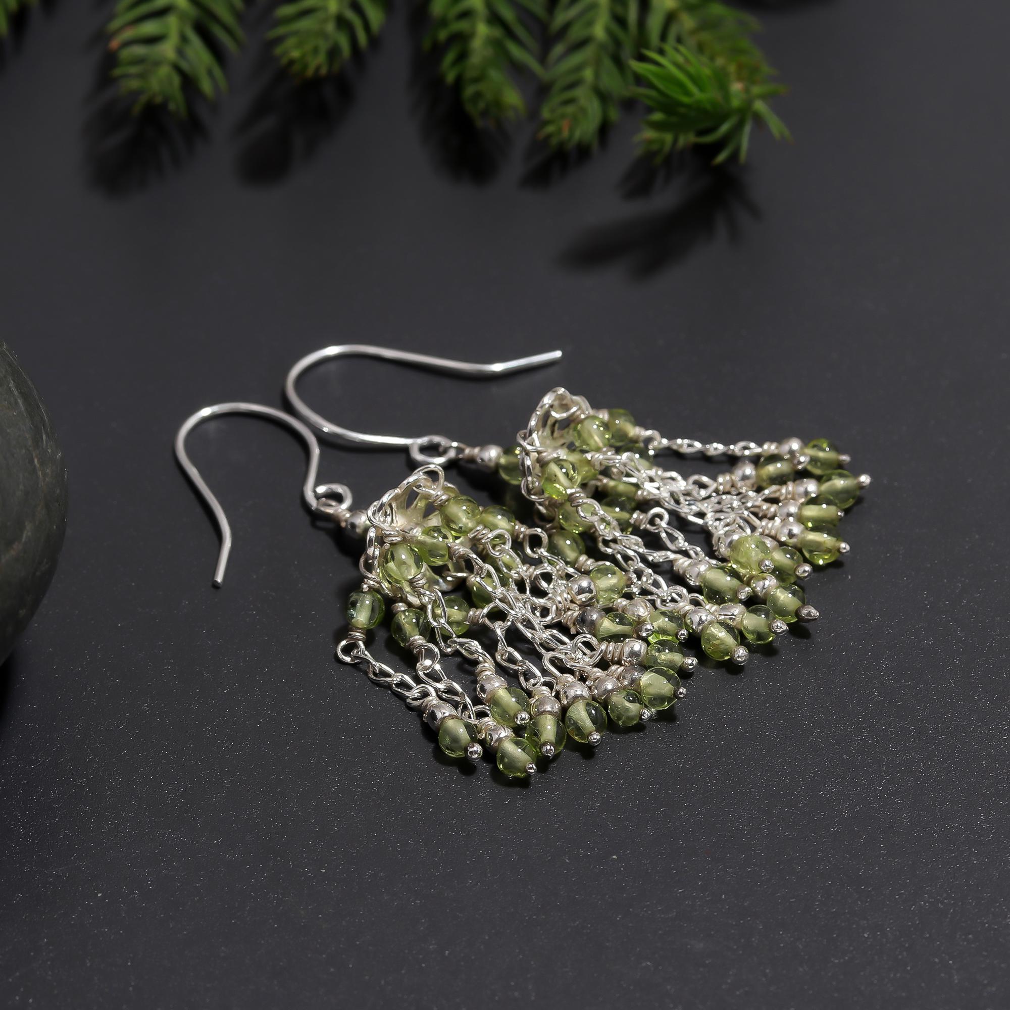 925 Silver Peridot Beaded Tassel Dangle Earrings