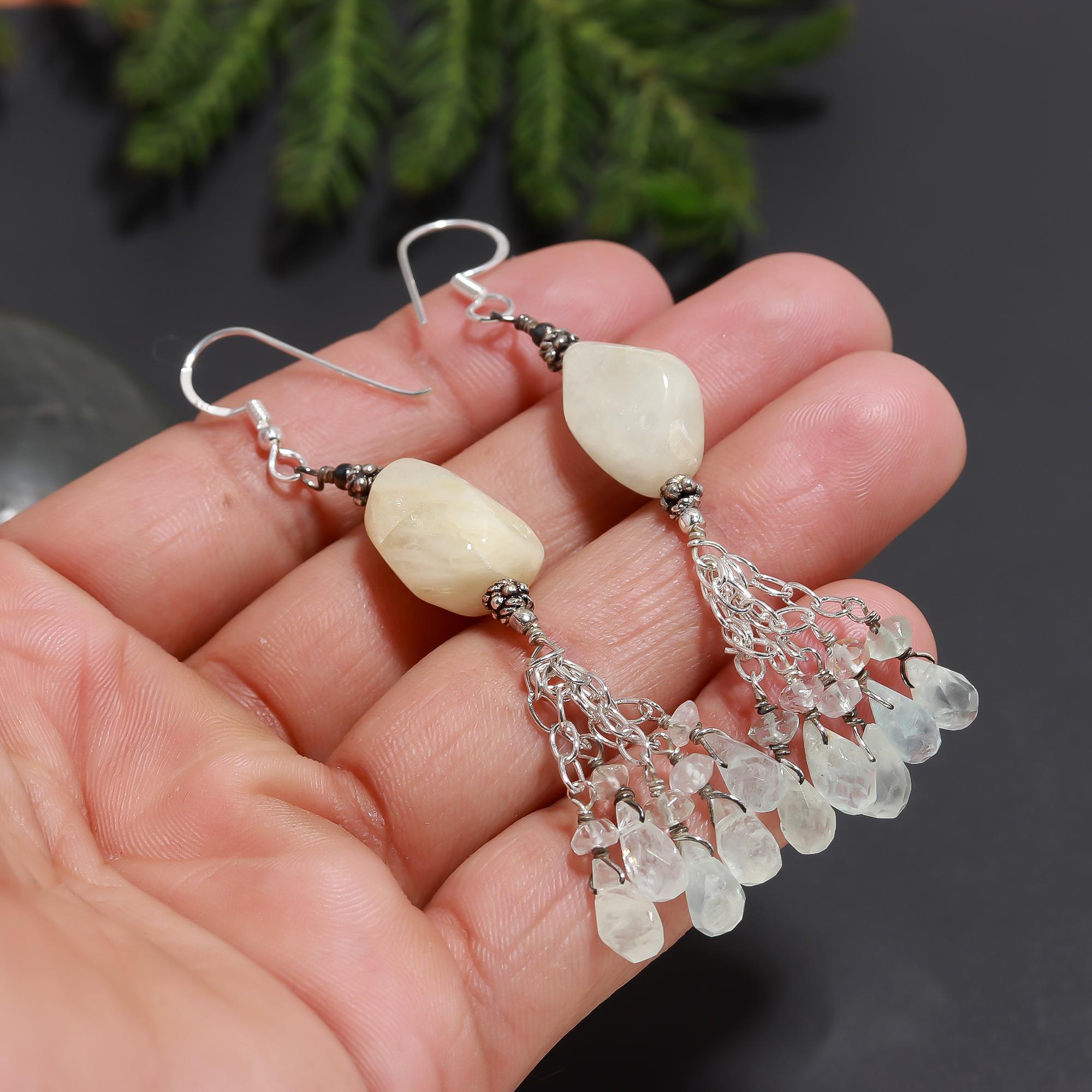 925 Silver White Gemstone & Crystal Tassel Earrings