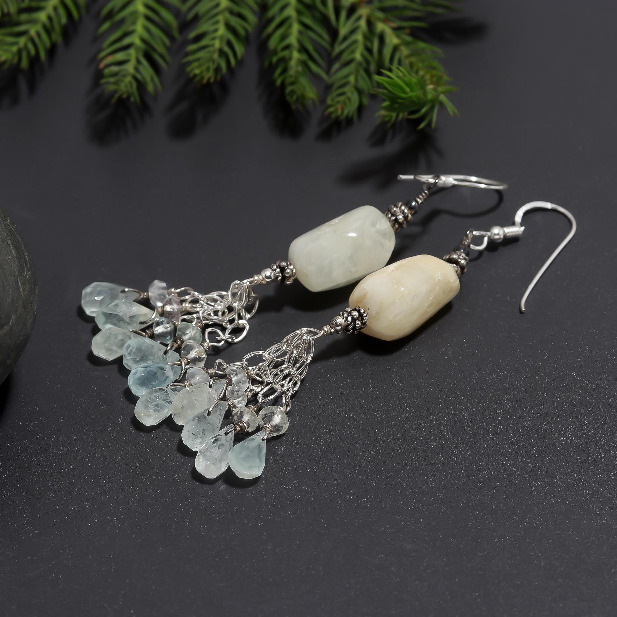 925 Silver White Gemstone & Crystal Tassel Earrings