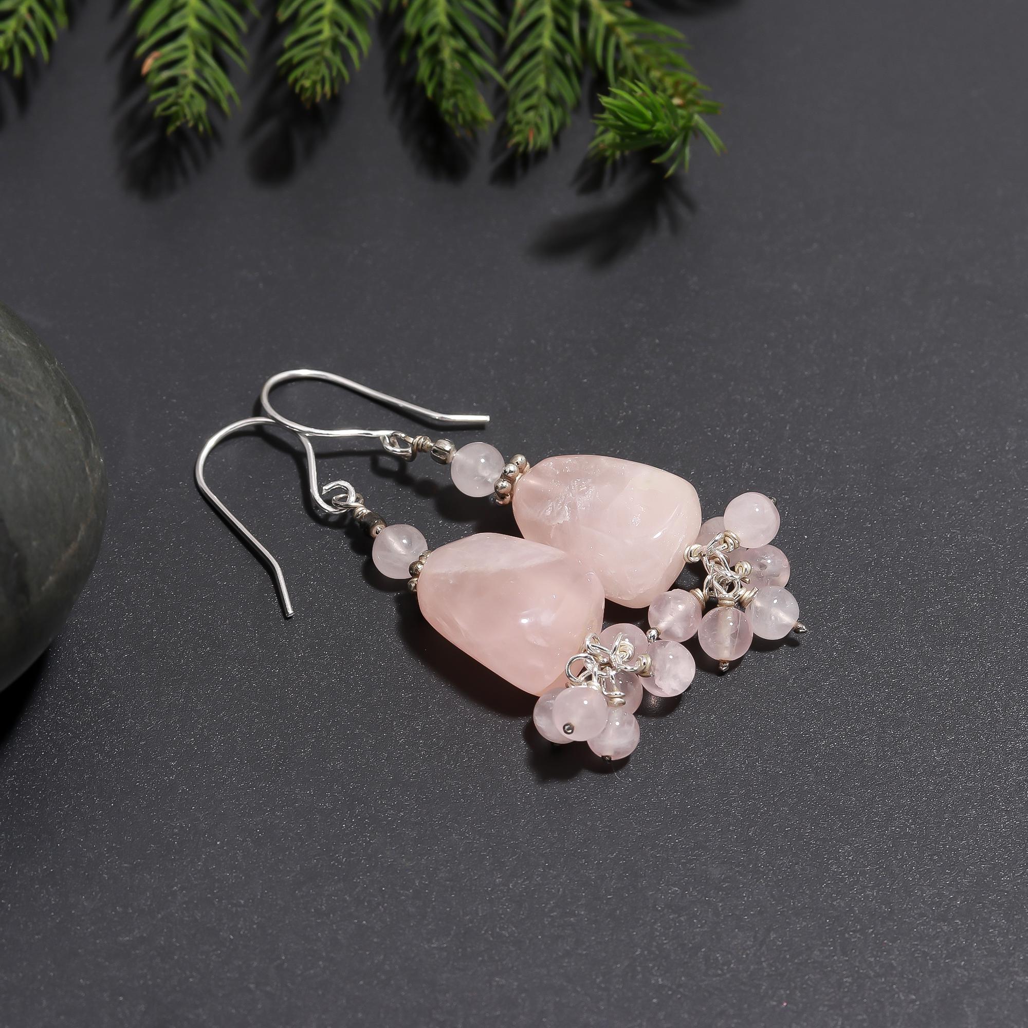 925 Silver Rose Quartz Dangle Earrings