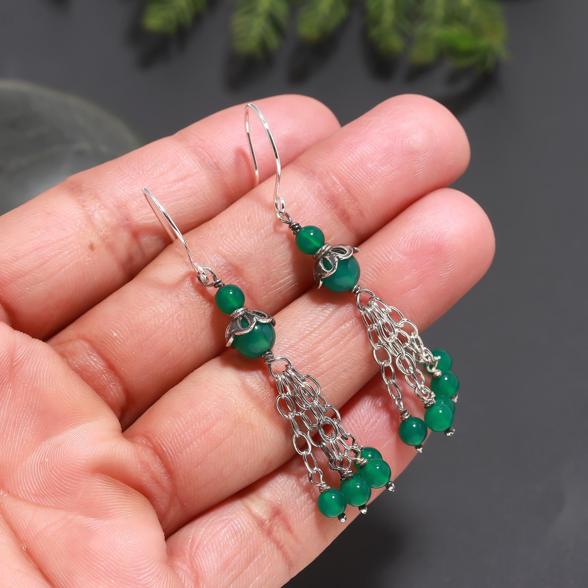 925 Silver Green Onyx Tassel Chain Dangle Earrings