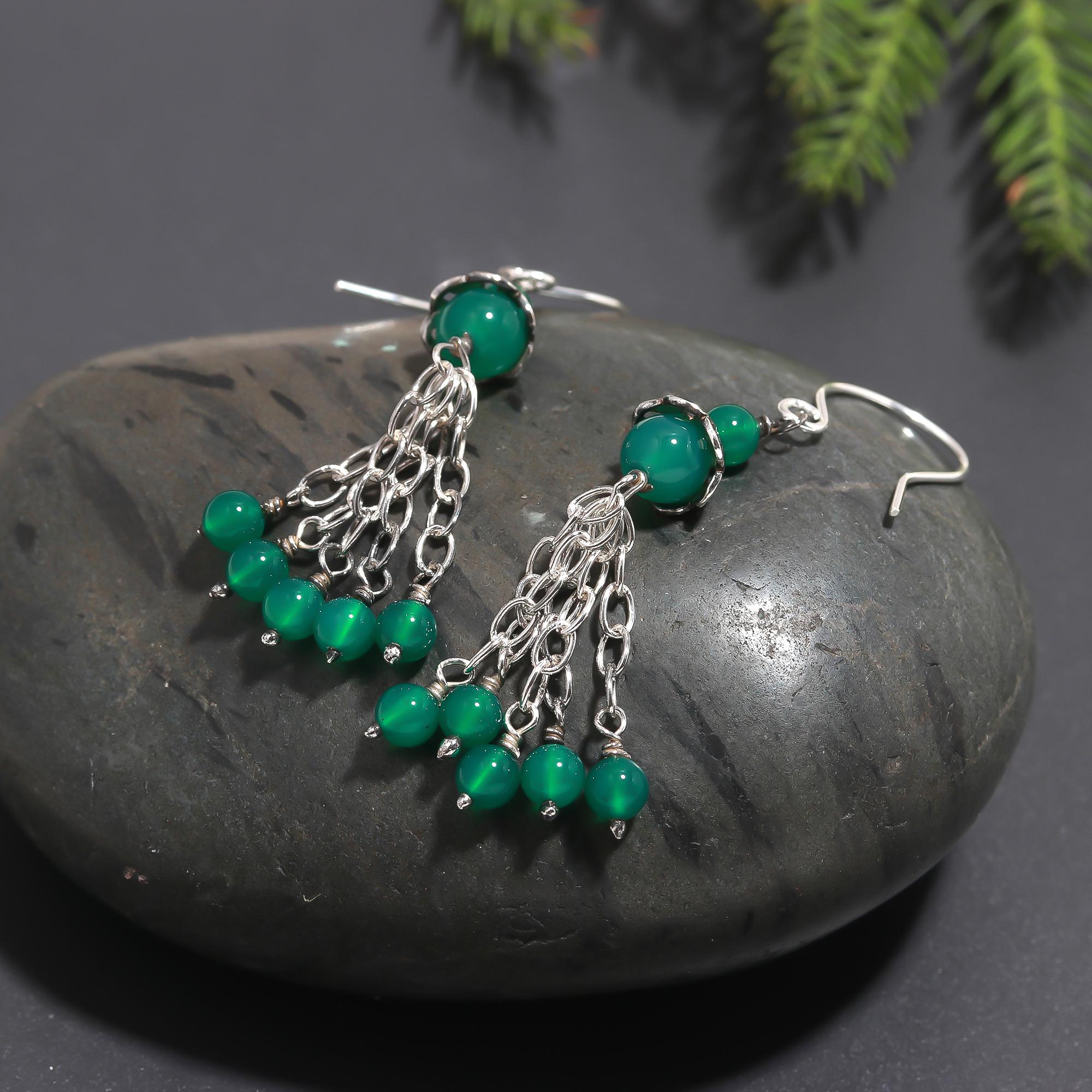 925 Silver Green Onyx Tassel Chain Dangle Earrings