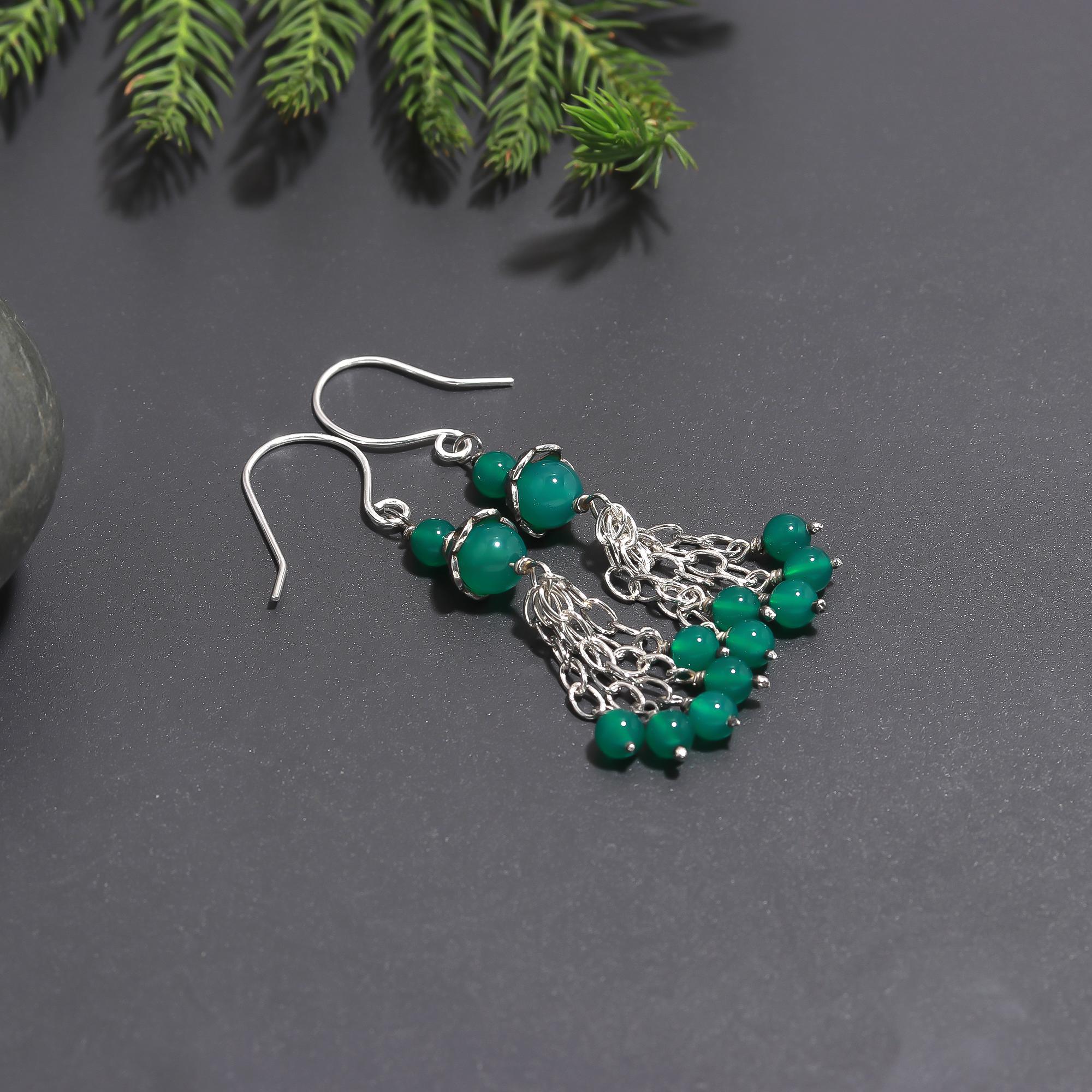 925 Silver Green Onyx Tassel Chain Dangle Earrings